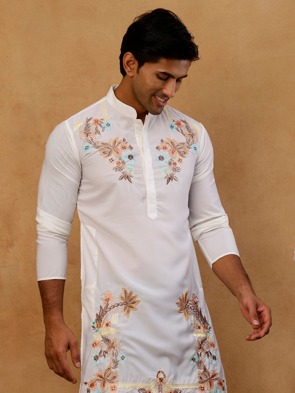 Japanese Fabric Embroidered Kurta with Korean Pants ( 65KP PJ11B F 5499 White )