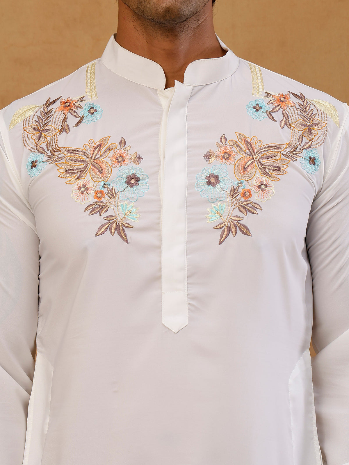Japanese Fabric Embroidered Kurta with Korean Pants ( 65KP PJ11B F 5499 White )