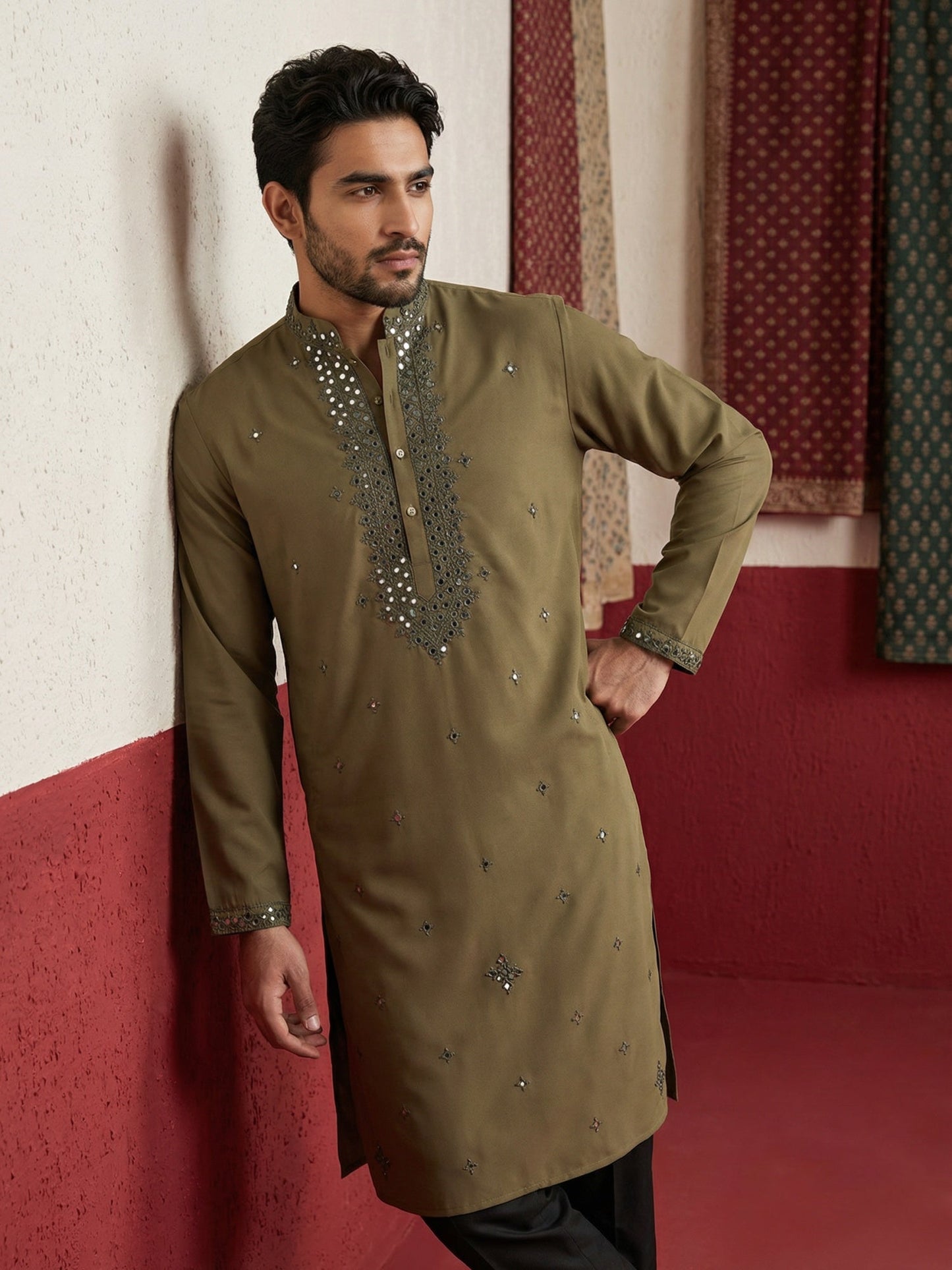 Japanese Fabric & Mirror Work Kurta Set ( 65KP B-P 5500Mehndi S )