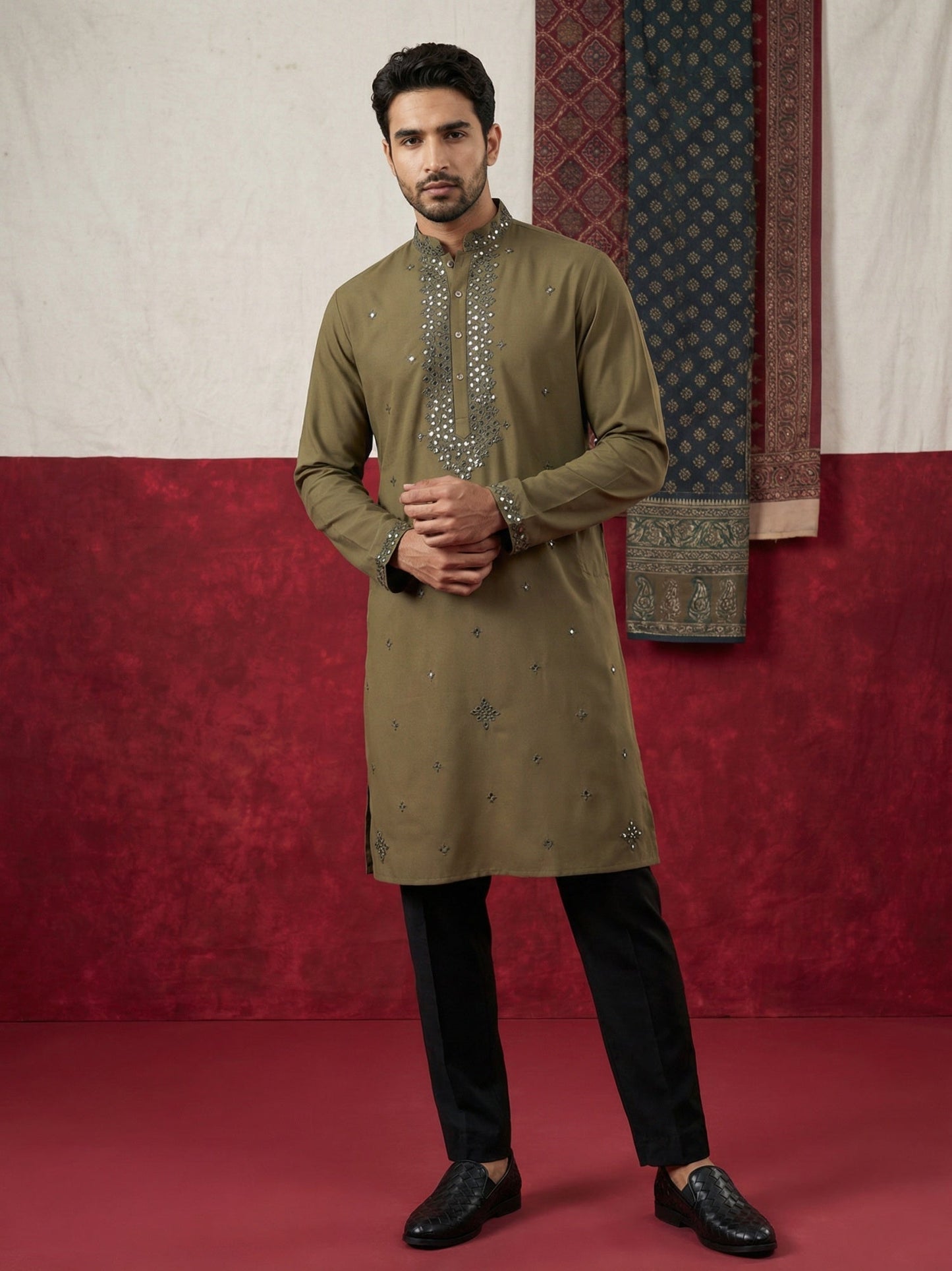 Japanese Fabric & Mirror Work Kurta Set ( 65KP B-P 5500Mehndi S )