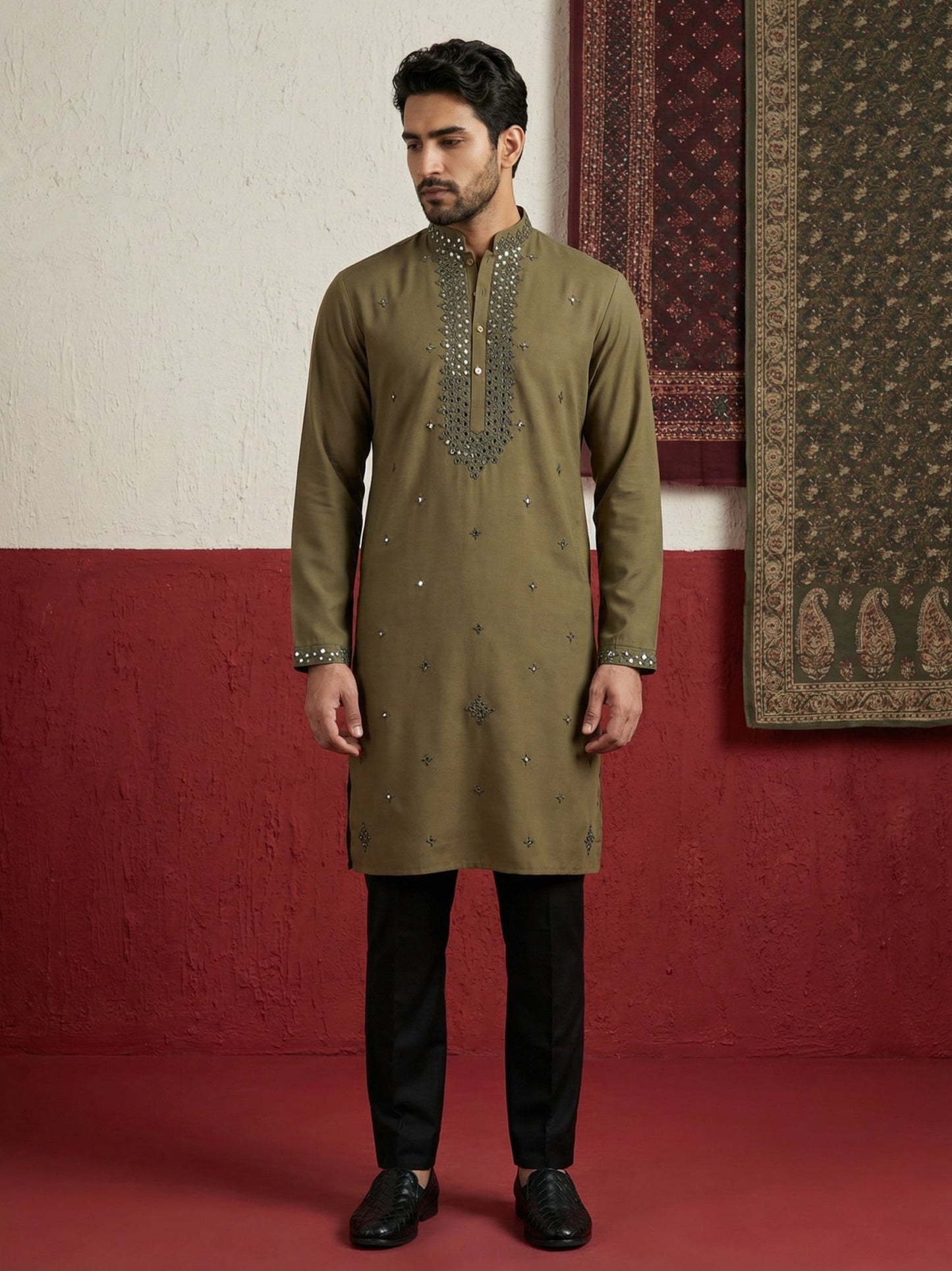Japanese Fabric & Mirror Work Kurta Set ( 65KP B-P 5500Mehndi S )