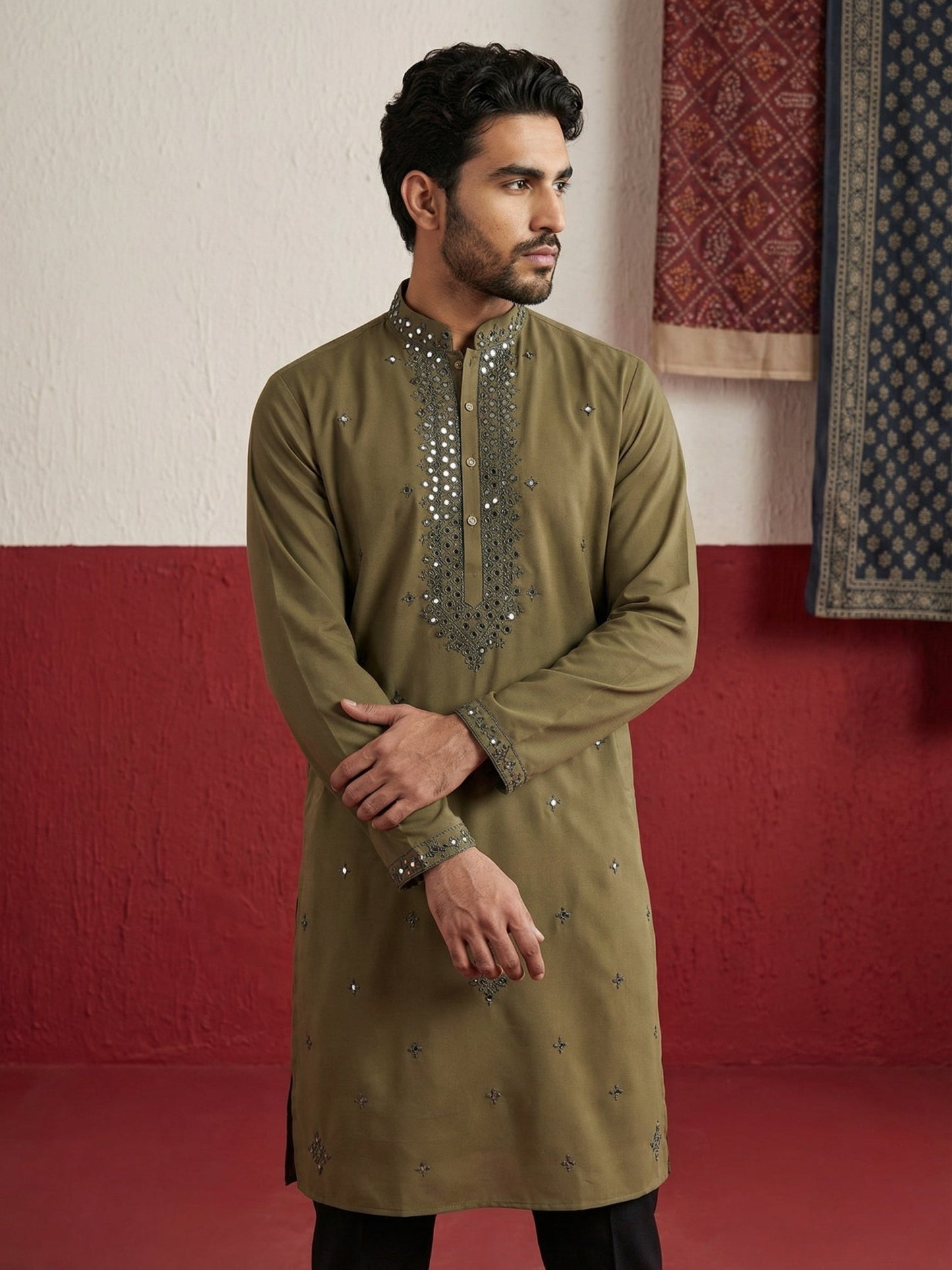 Japanese Fabric & Mirror Work Kurta Set ( 65KP B-P 5500Mehndi S )