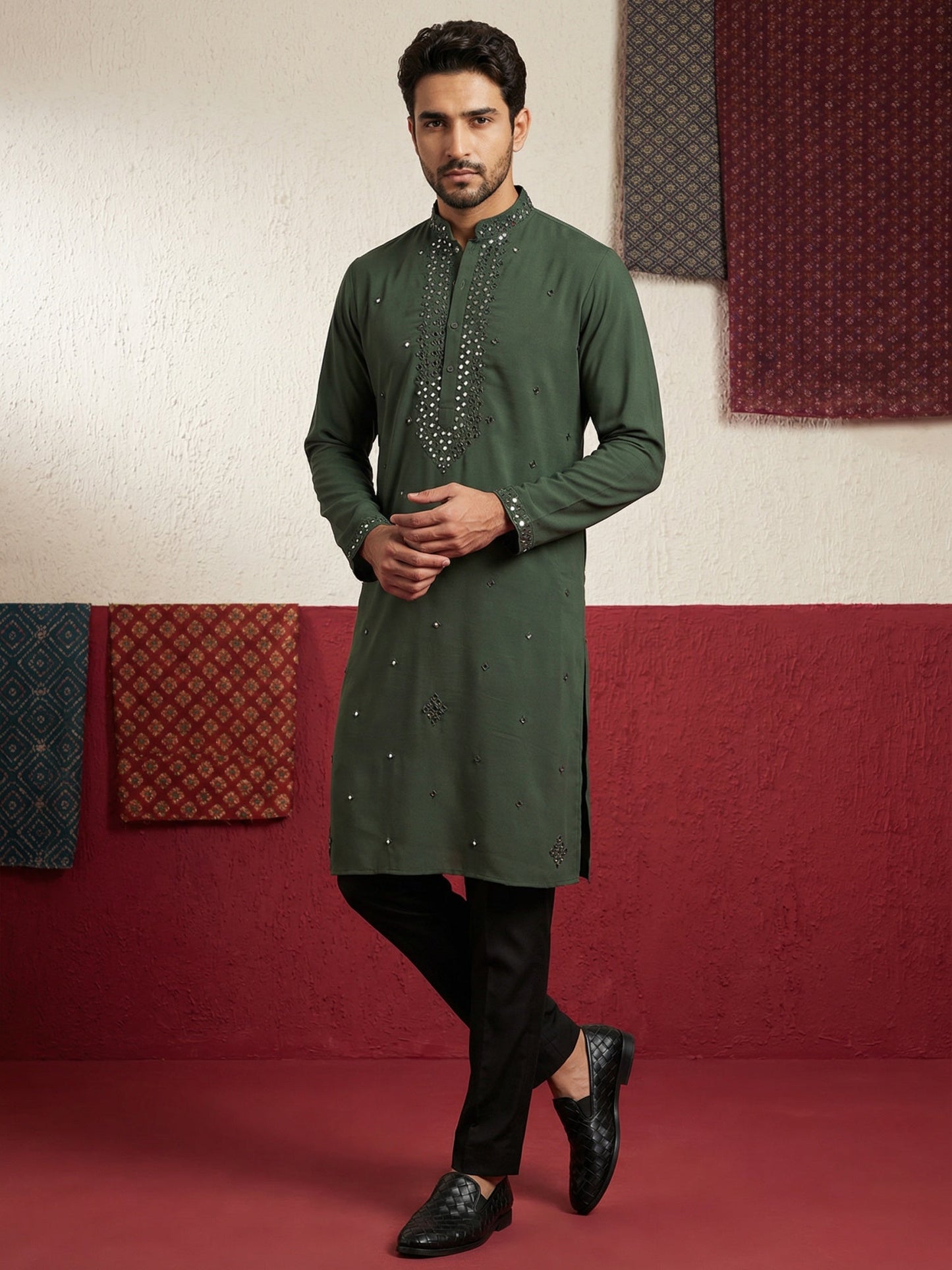 Japanese Fabric & Mirror Work Kurta Set ( 65KP B-P 5500Olive S )