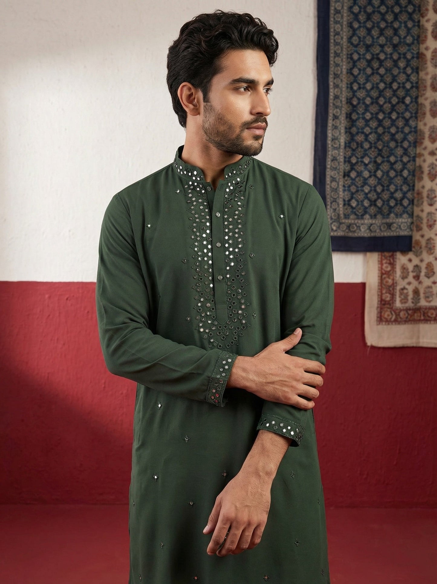 Japanese Fabric & Mirror Work Kurta Set ( 65KP B-P 5500Olive S )