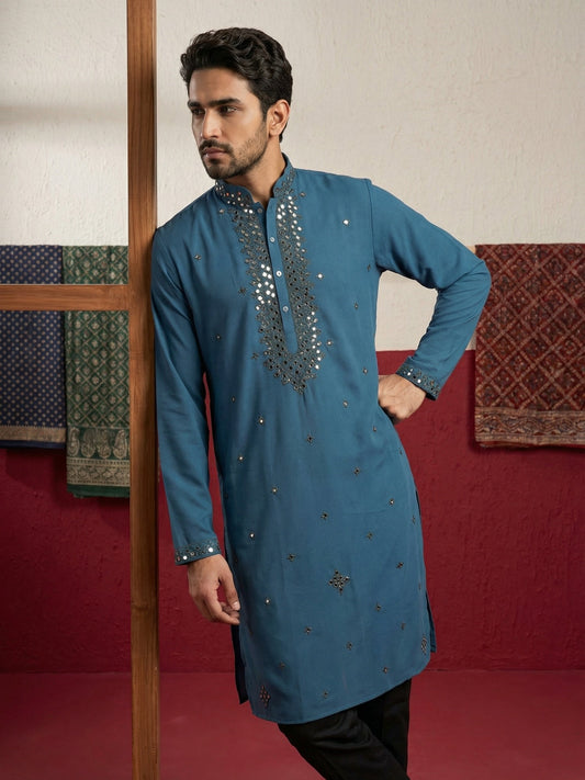 Japanese Fabric & Mirror Work Kurta Set ( 65KP B-P 5500Peacock S )