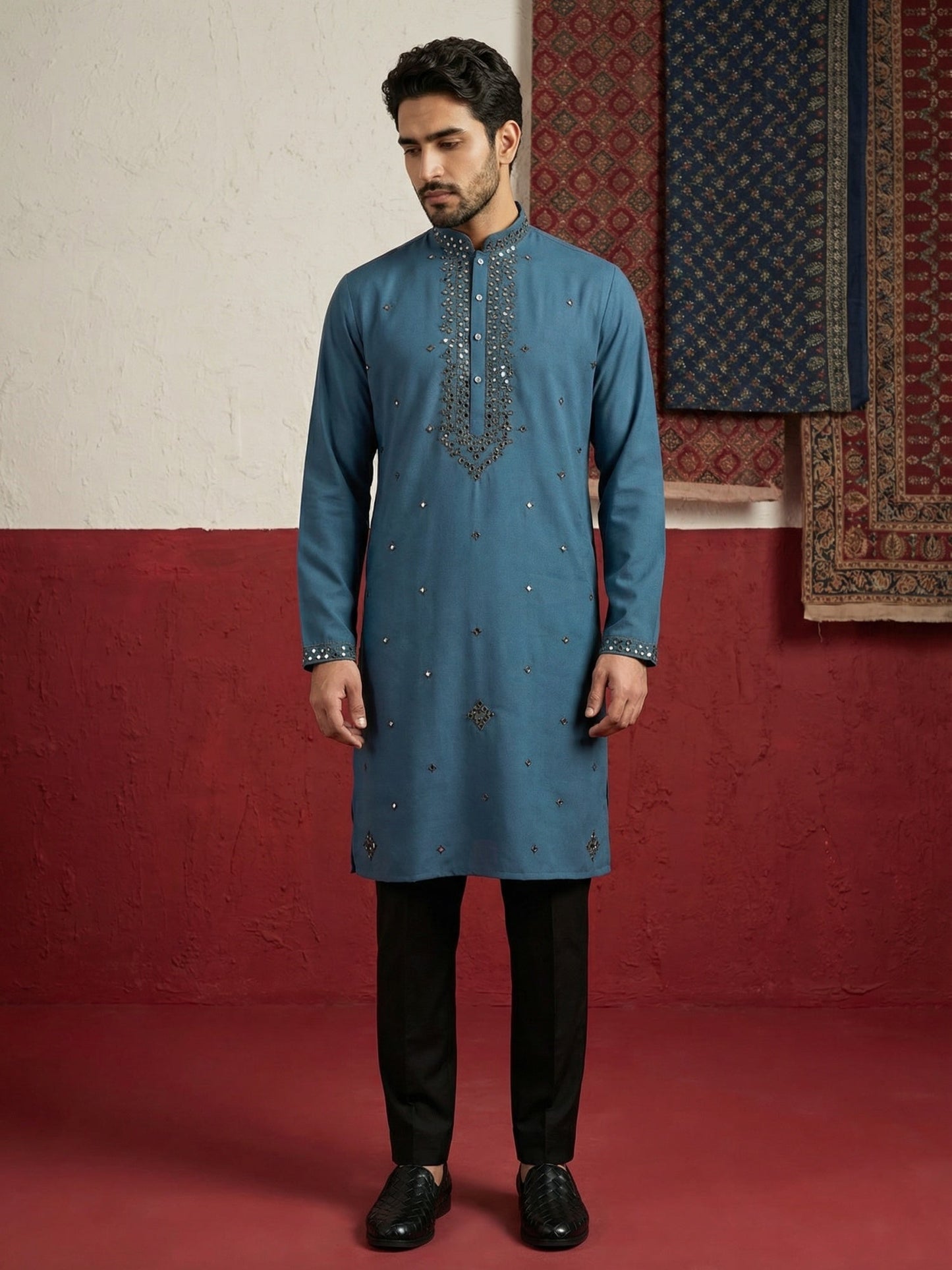 Japanese Fabric & Mirror Work Kurta Set ( 65KP B-P 5500Peacock S )