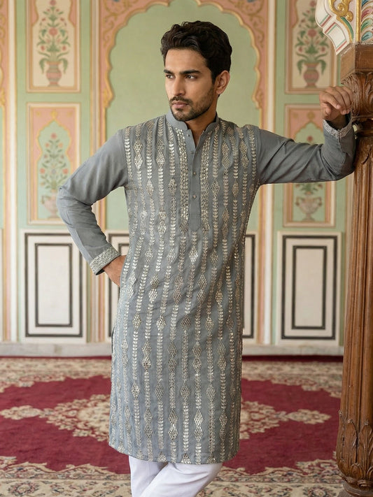 Modern Ethnic Silk Blend Kurta Pyjama Set ( 65KP 5501Grey S ) [FF] [A-1-4]