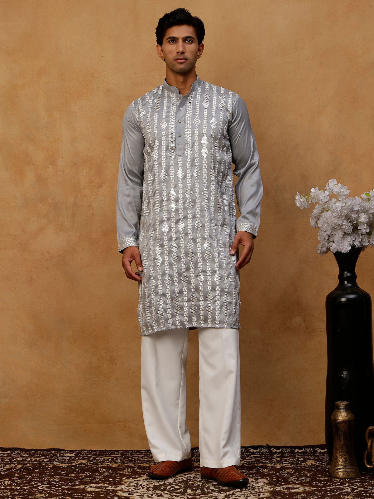 Modern Ethnic Silk Blend Kurta with Korean Pants ( 65KP PJ11W E 5501 Grey )