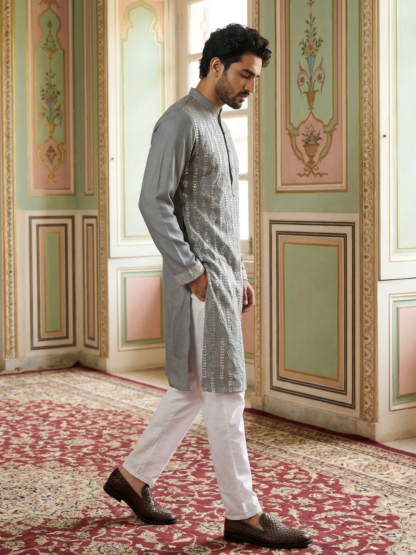 Modern Ethnic Silk Blend Kurta Pyjama Set ( 65KP 5501Grey S ) [FF] [A-1-4]