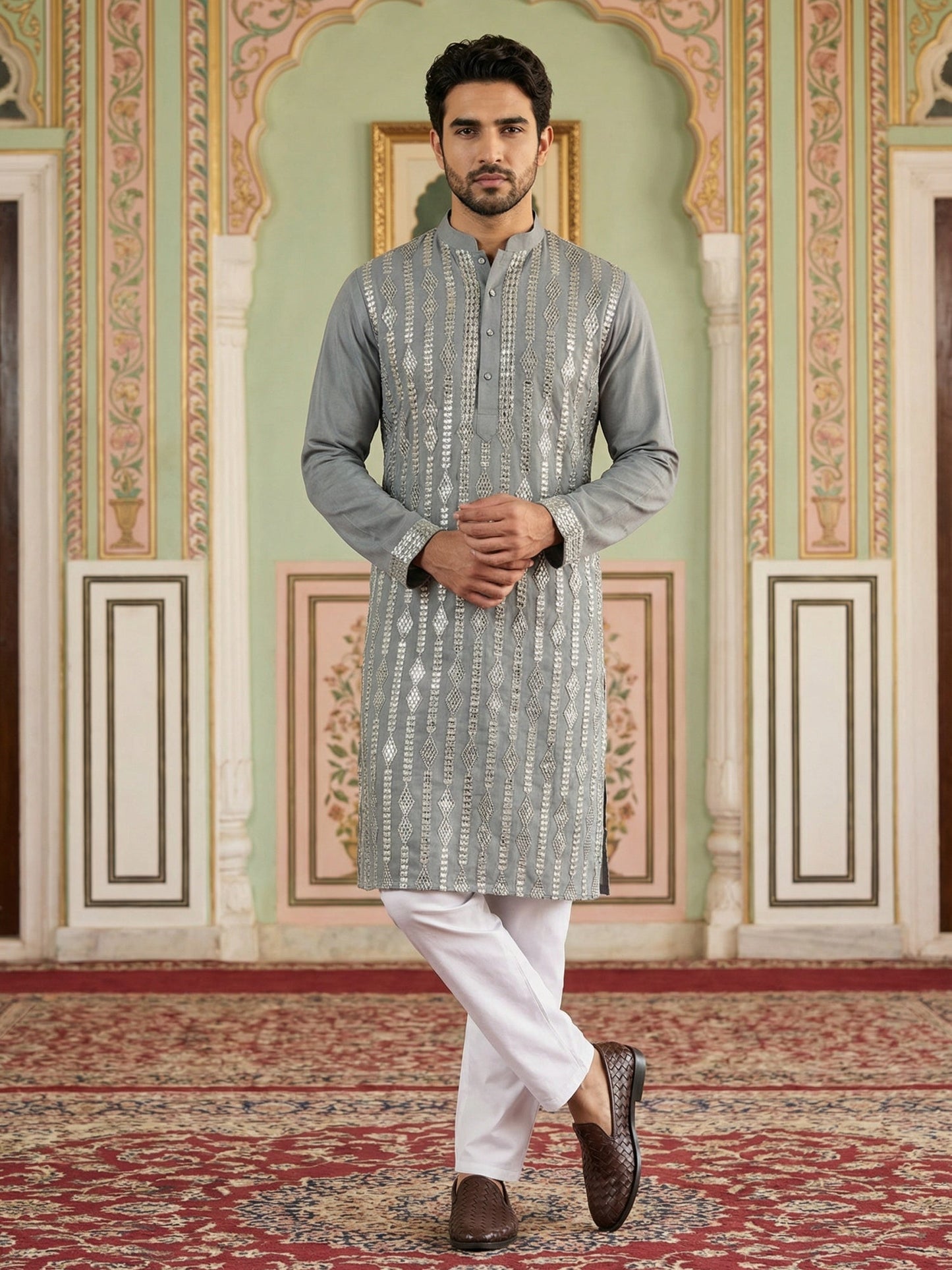 Modern Ethnic Silk Blend Kurta Pyjama Set ( 65KP 5501Grey S ) [FF] [A-1-4]