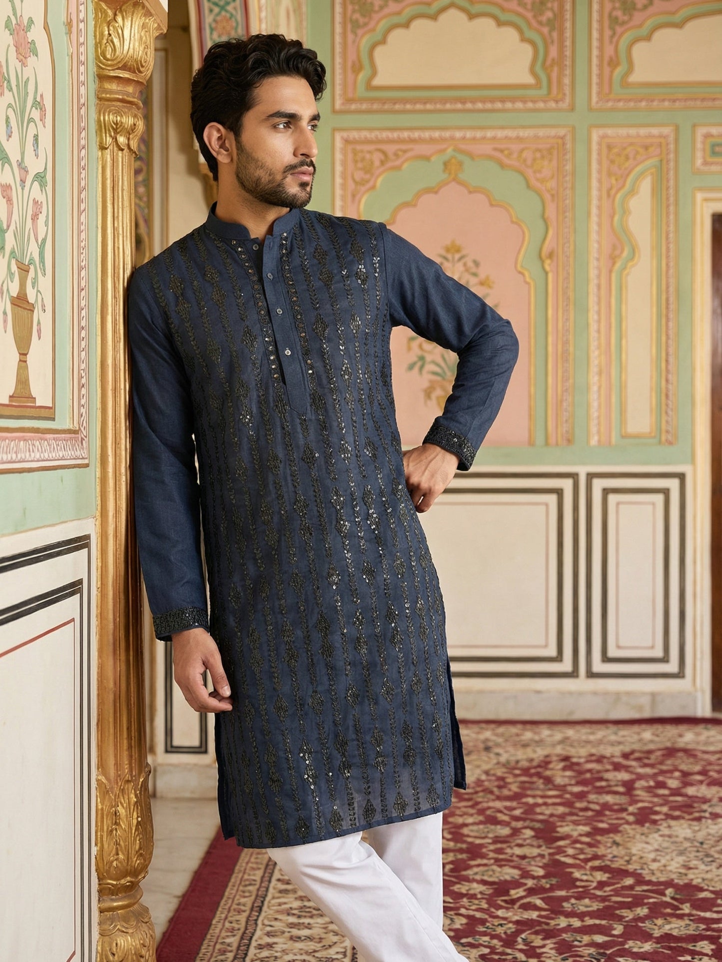 Modern Ethnic Silk Blend Kurta Pyjama Set ( 65KP 5501Navy S ) [FF] [A-1-4]