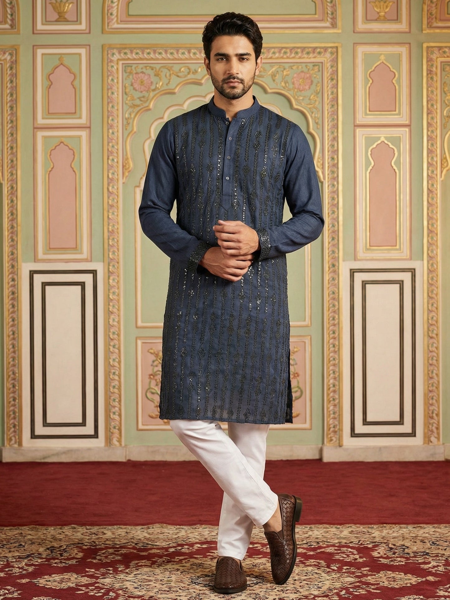 Modern Ethnic Silk Blend Kurta Pyjama Set ( 65KP 5501Navy S ) [FF] [A-1-4]