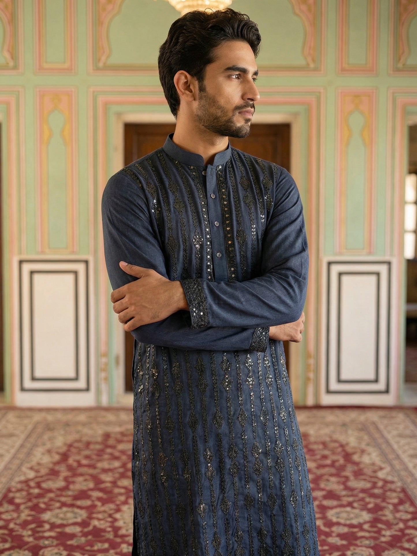 Modern Ethnic Silk Blend Kurta Pyjama Set ( 65KP 5501Navy S ) [FF] [A-1-4]