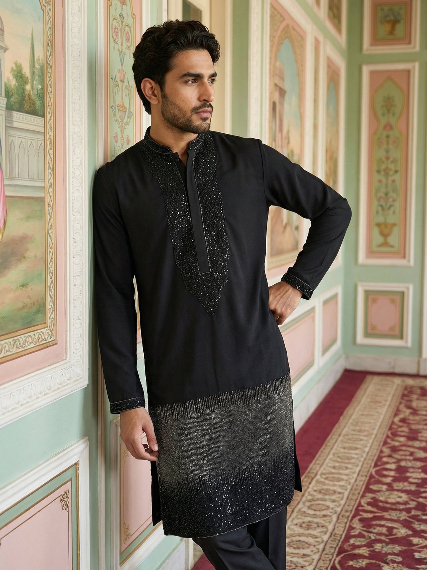 Japanese Cotton Blend Embroidered Kurta Set ( 65KP B-P 5502Black S )
