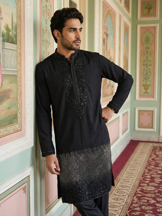 Japanese Cotton Blend Embroidered Kurta Set ( 65KP B-P 5502Black S )