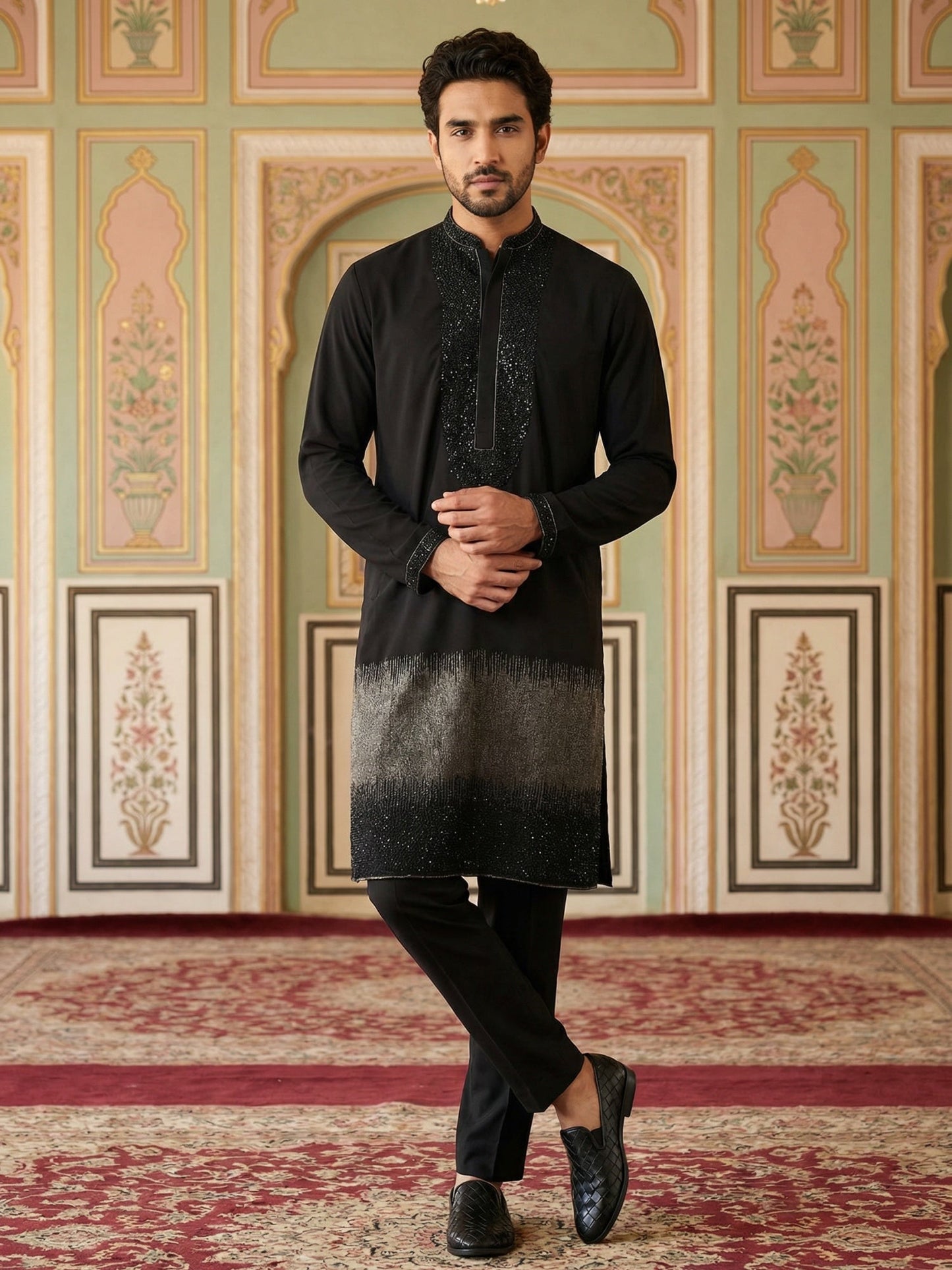Japanese Cotton Blend Embroidered Kurta Set ( 65KP B-P 5502Black S )