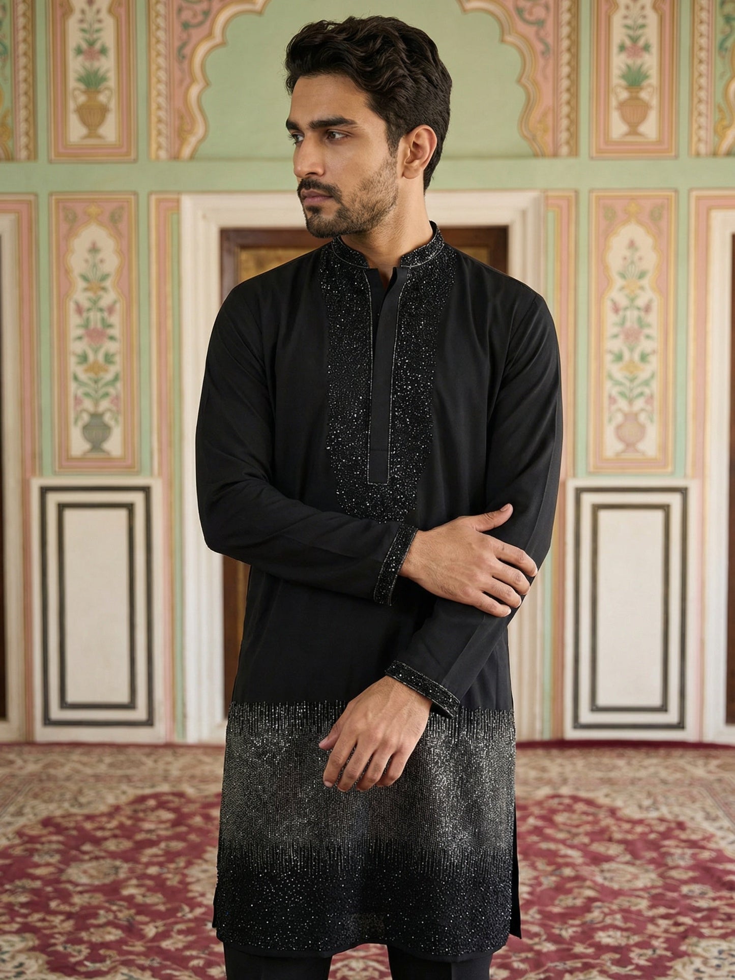 Japanese Cotton Blend Embroidered Kurta Set ( 65KP B-P 5502Black S )