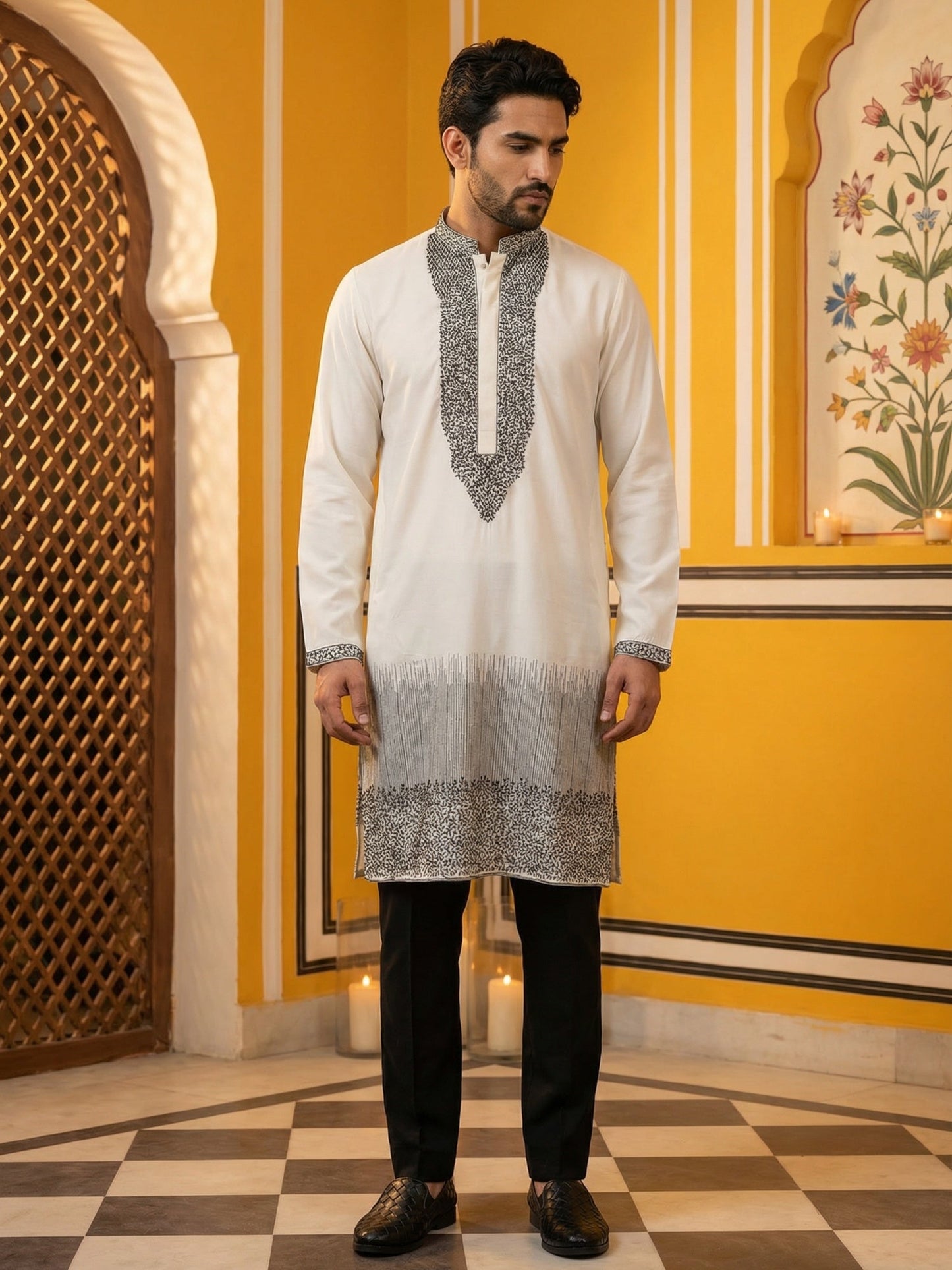 Japanese Cotton Blend Embroidered Kurta Set ( 65KP B-P 5502White S )