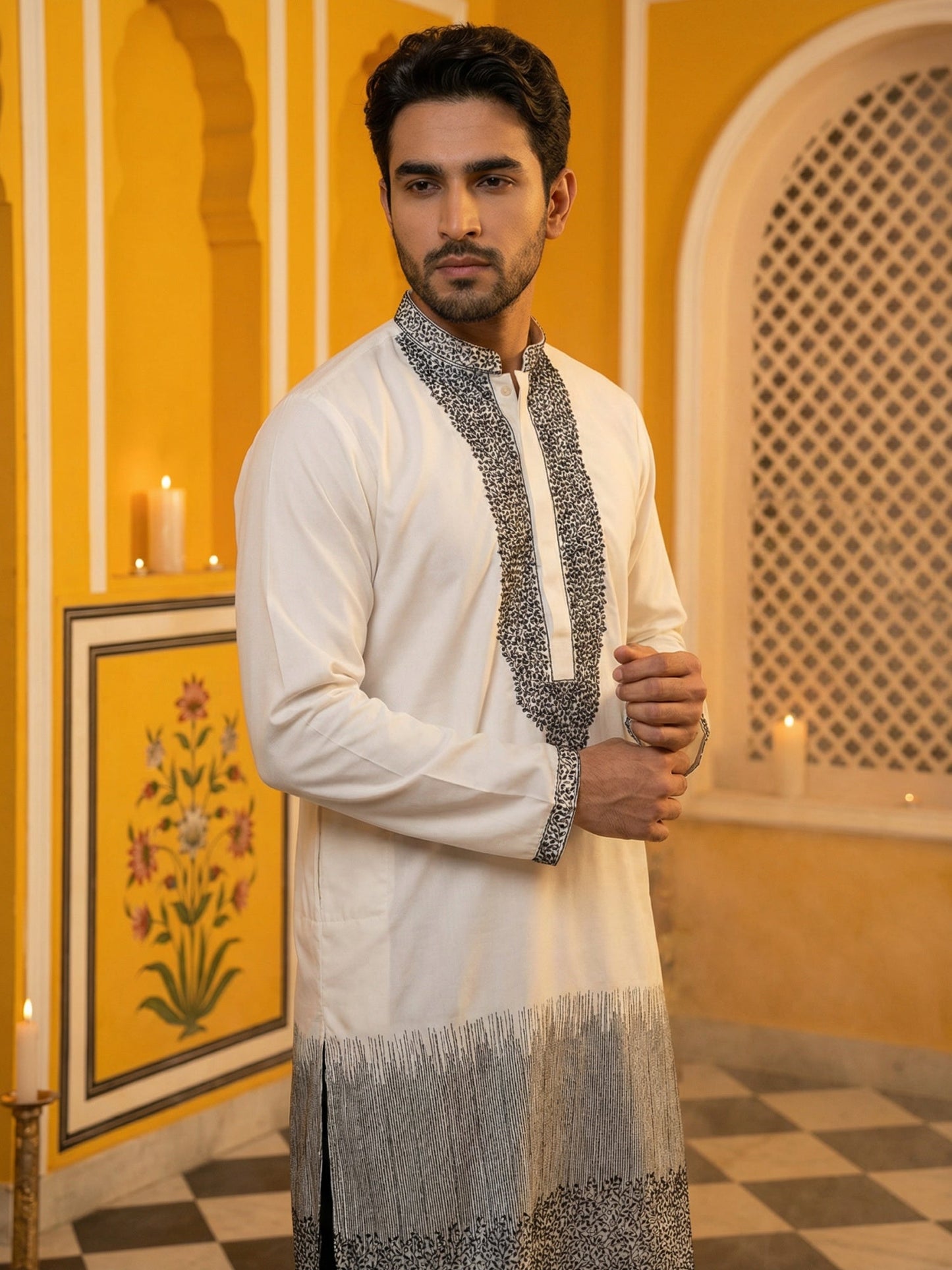Japanese Cotton Blend Embroidered Kurta Set ( 65KP B-P 5502White S )