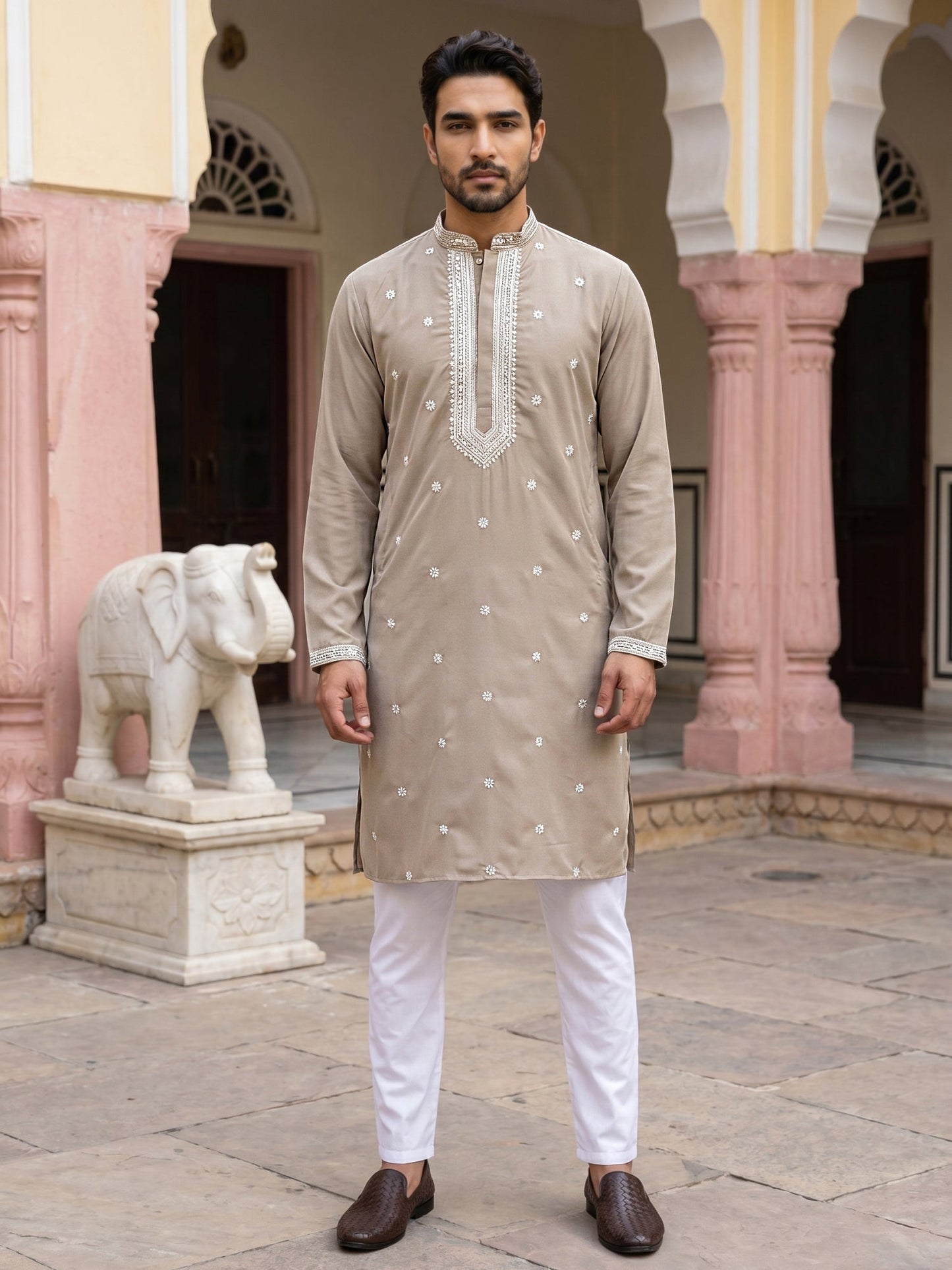Men Japanese Imported Beige Embroidered Kurta Set