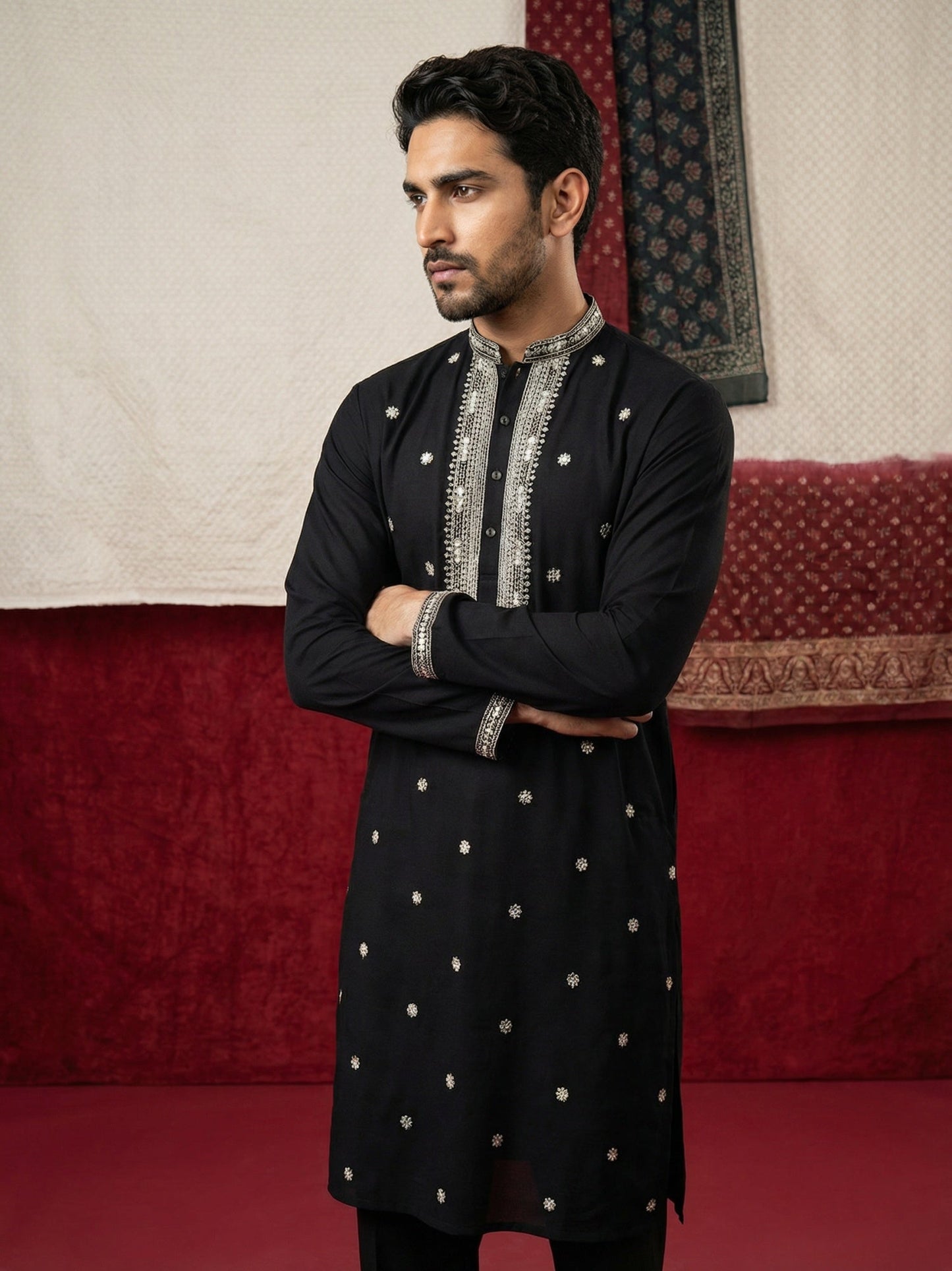 Men Japanese Black Embroidered Kurta Set ( 65KP B-P 5504Black S )