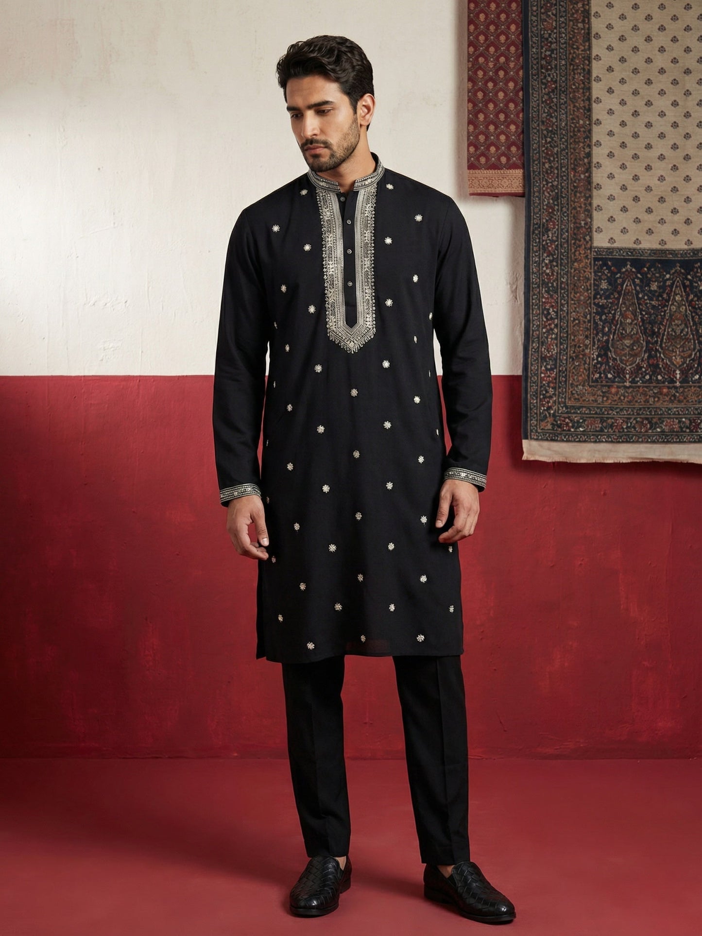 Men Japanese Black Embroidered Kurta Set ( 65KP B-P 5504Black S )