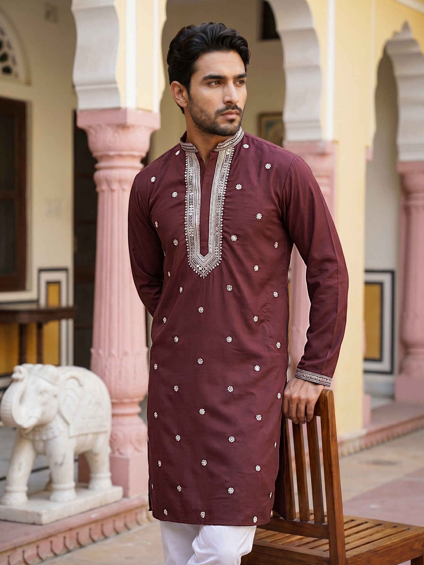 Men Japanese Imported Maroon Embroidered Kurta Set