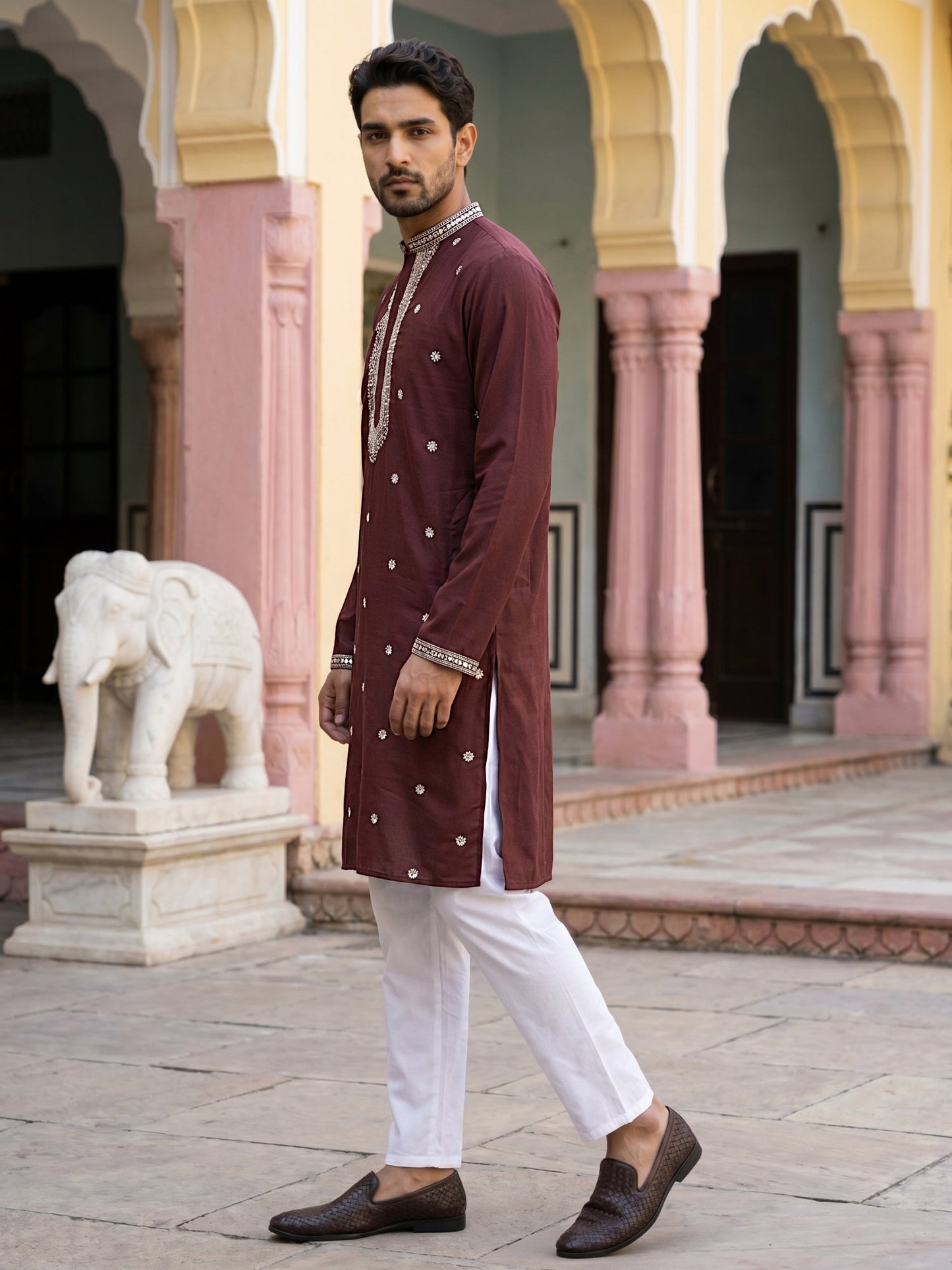 Men Japanese Imported Maroon Embroidered Kurta Set