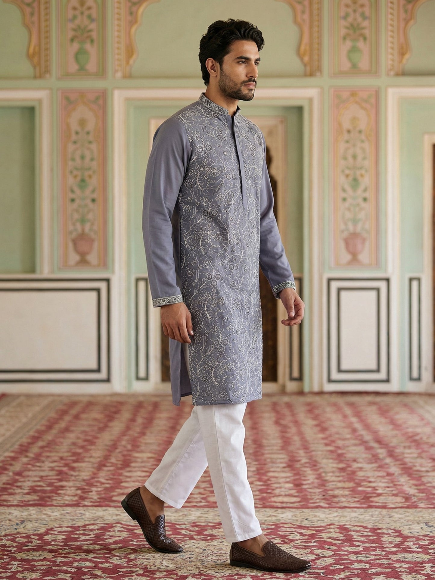 Men Festive Embroidered Straight Kurta Set ( 65KP P 5505Blue ) [FF] [H-10]