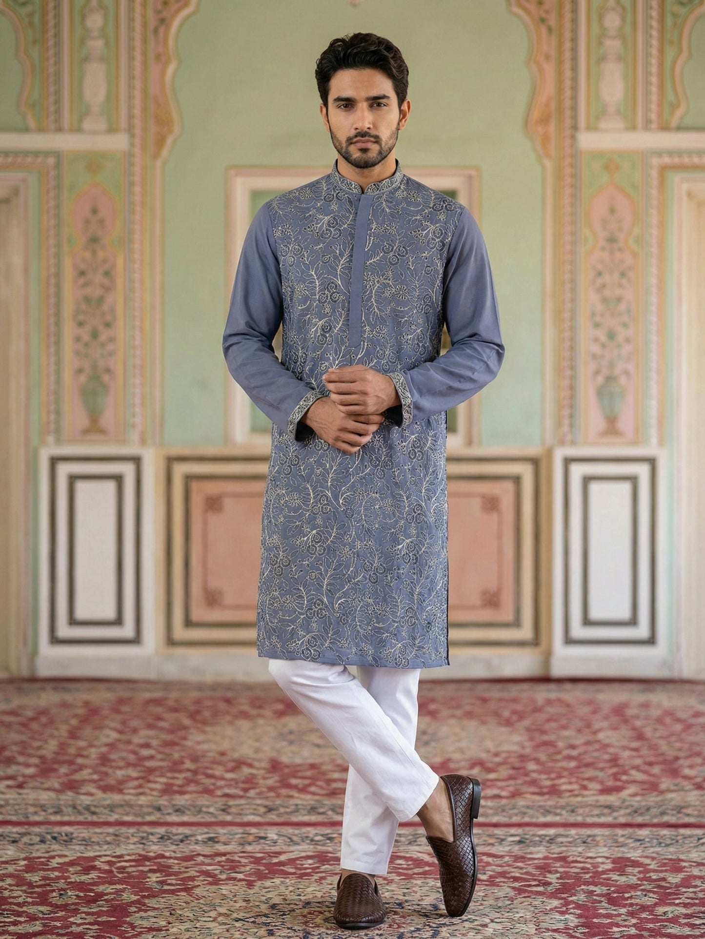 Men Festive Embroidered Straight Kurta Set ( 65KP P 5505Blue ) [FF] [H-10]