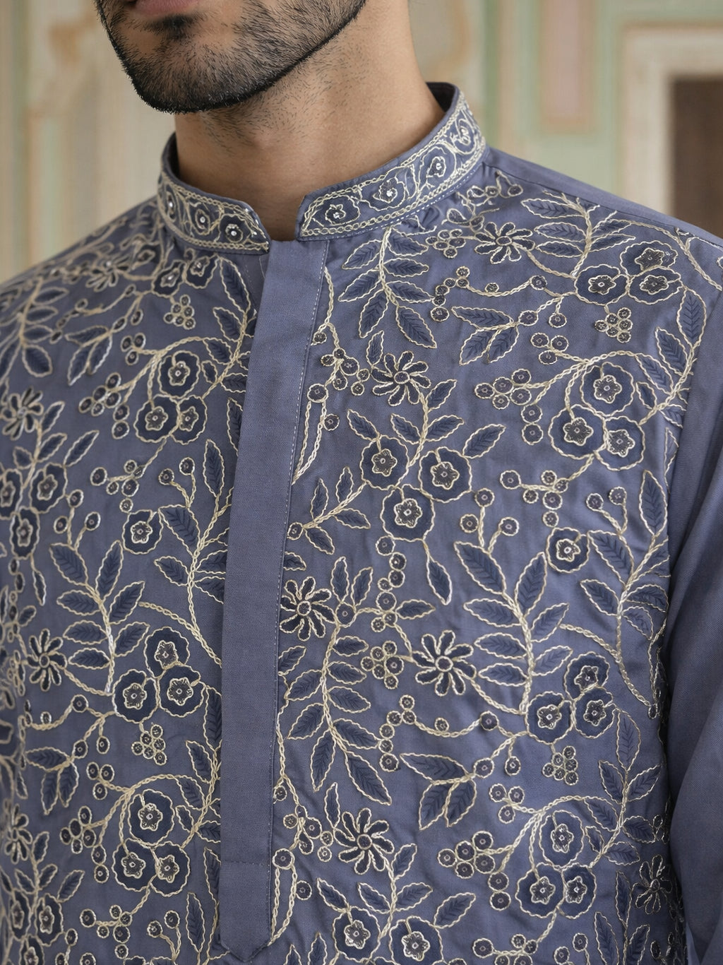 Men Festive Embroidered Straight Kurta Set ( 65KP P 5505Blue ) [FF] [H-10]