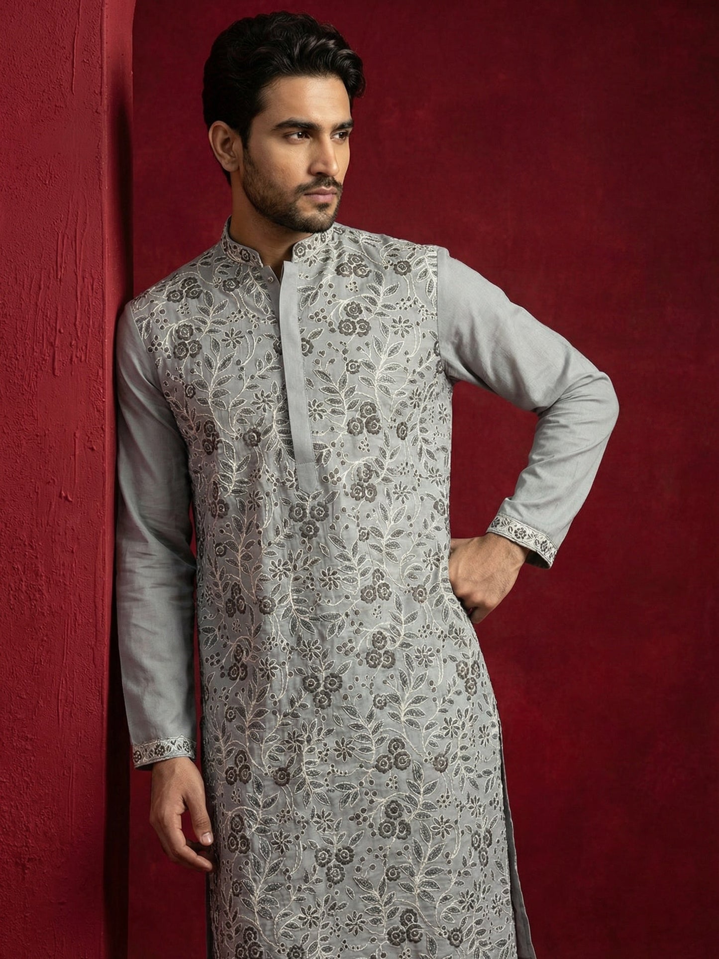 Men Festive Grey Embroidered Straight Kurta Set ( 65KP B-P 5505Grey S )