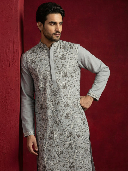 Men Festive Grey Embroidered Straight Kurta Set ( 65KP B-P 5505Grey S )