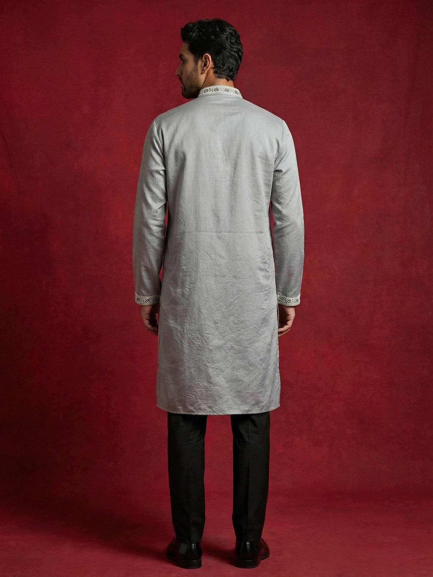 Men Festive Grey Embroidered Straight Kurta Set ( 65KP B-P 5505Grey S )