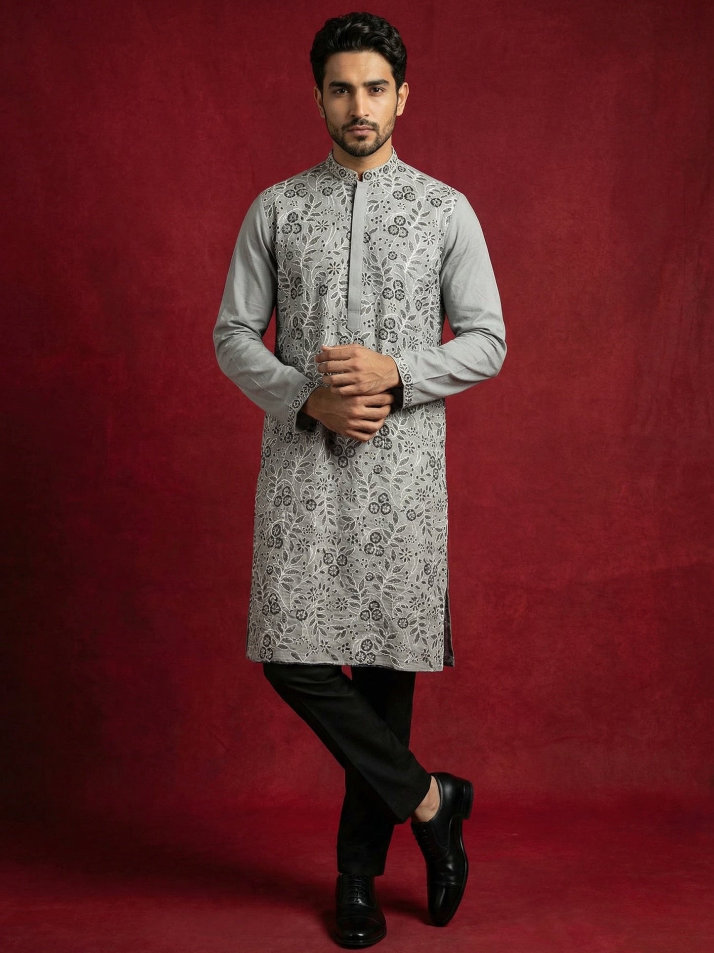 Men Festive Grey Embroidered Straight Kurta Set ( 65KP B-P 5505Grey S )