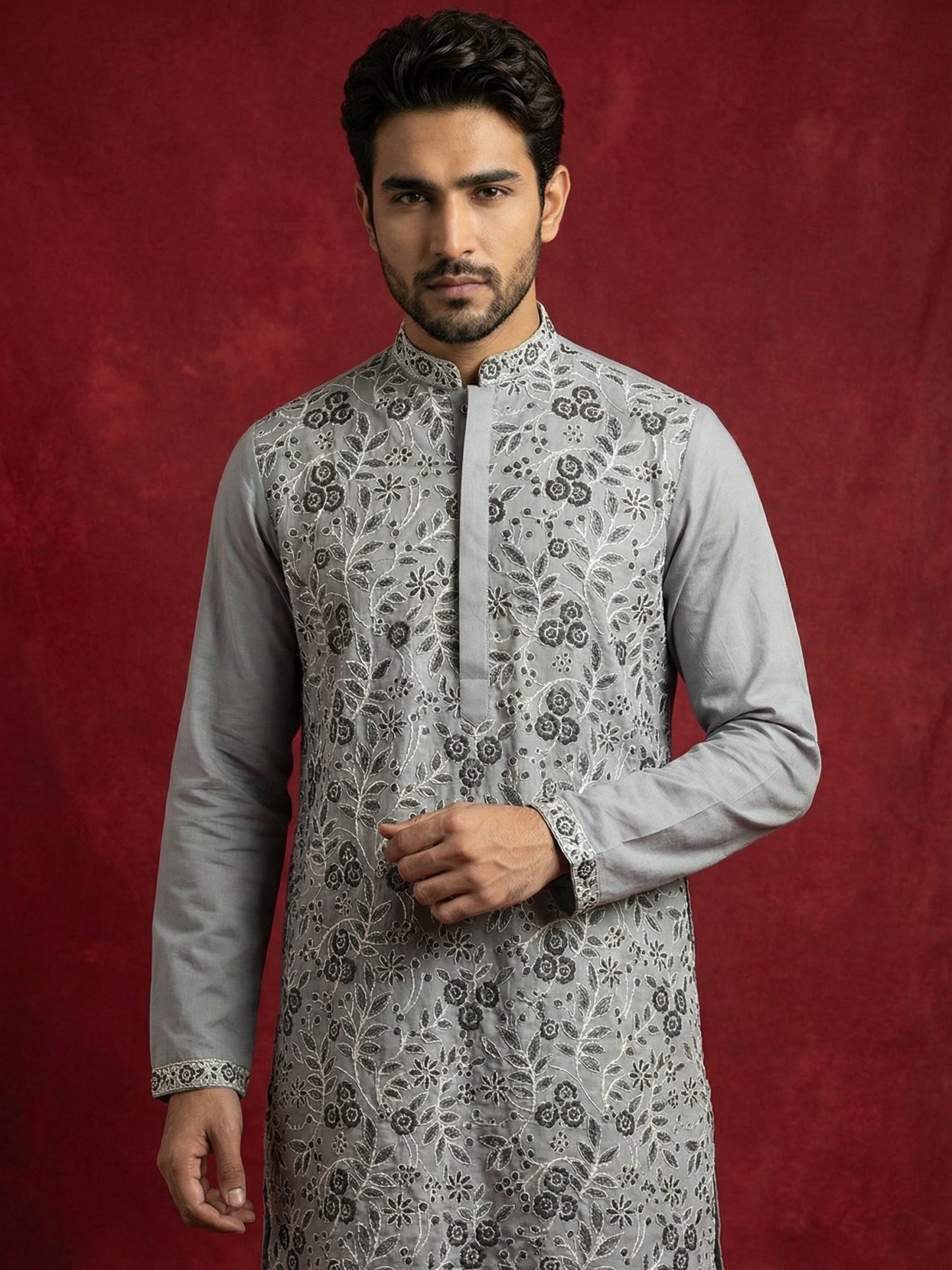 Men Festive Grey Embroidered Straight Kurta Set ( 65KP B-P 5505Grey S )