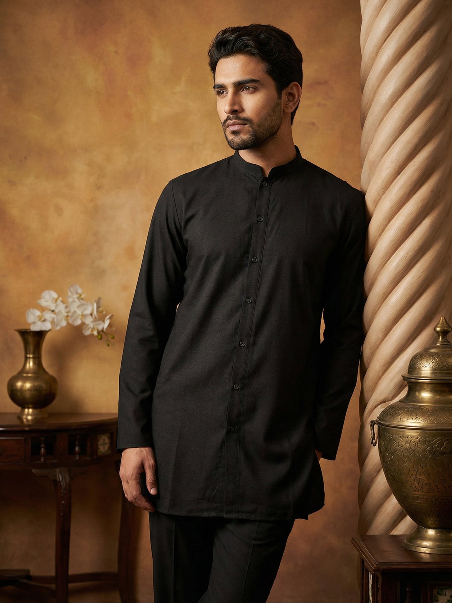 Men’s Traditional Silk Blend Kurta Set ( 65KP 5509Black ) [FF] [O-10]