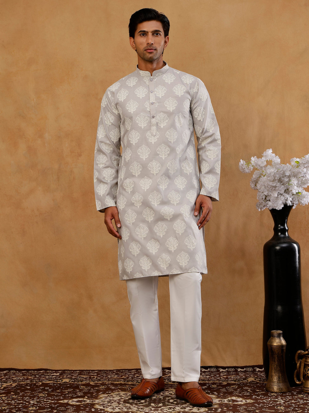 Men’s Cotton Blend Ethnic Printed Kurta Set ( 65KP W C 5510 Grey )