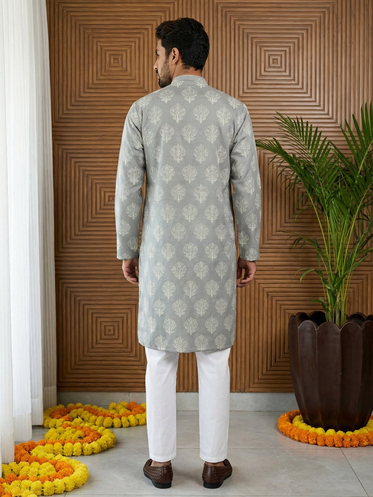 Men’s Cotton Blend Ethnic Printed Kurta Set ( 65KP P 5510Grey ) [FF] [N-13]