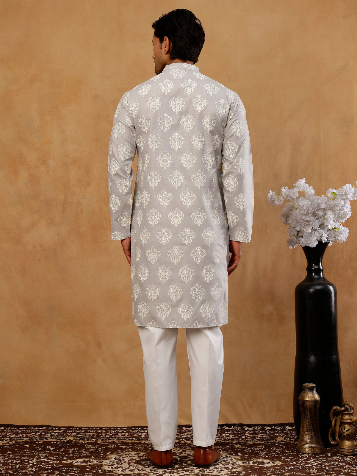 Men’s Cotton Blend Ethnic Printed Kurta Set ( 65KP W C 5510 Grey )