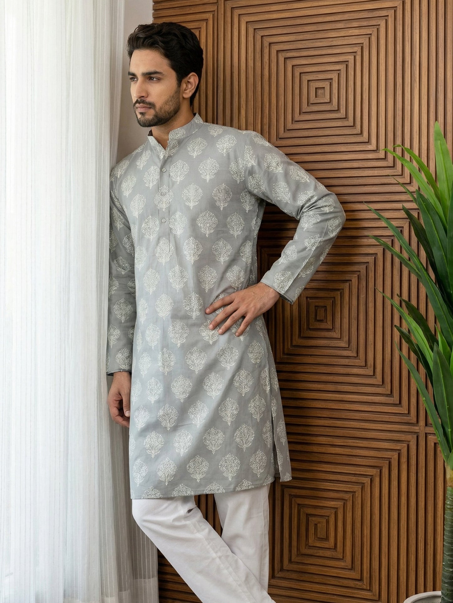 Men’s Cotton Blend Ethnic Printed Kurta Set ( 65KP P 5510Grey ) [FF] [N-13]