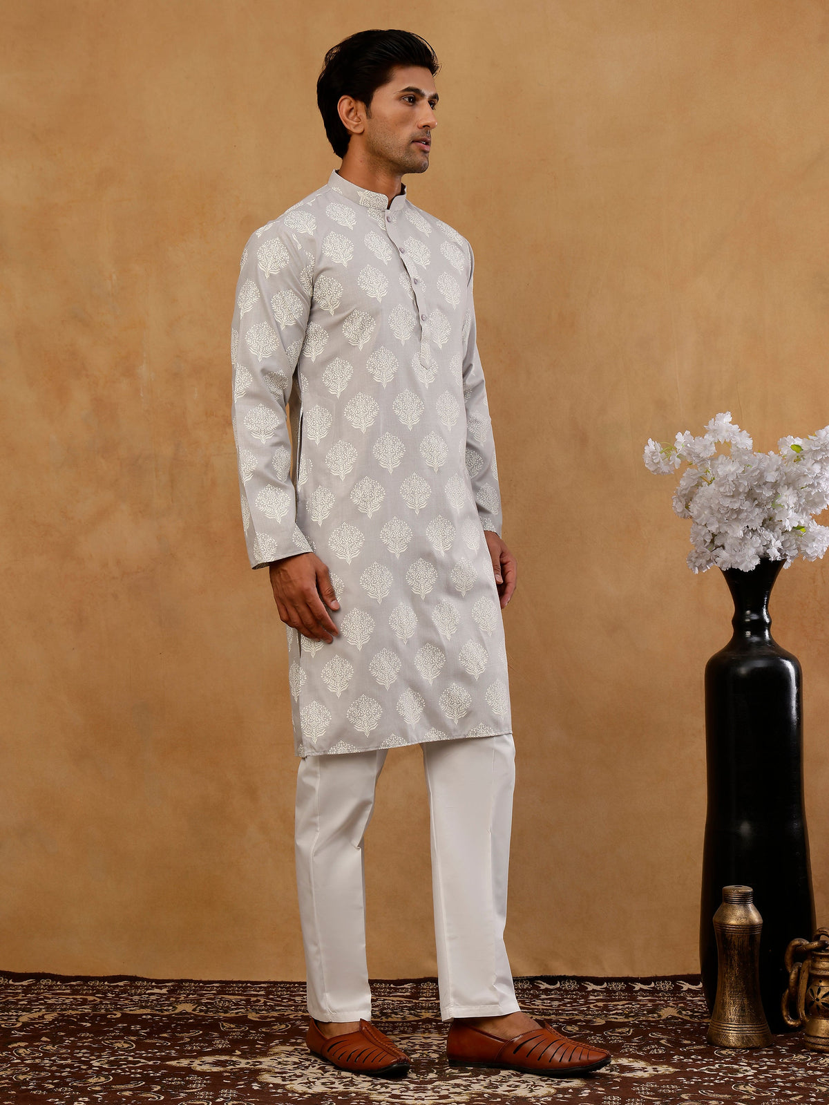 Men’s Cotton Blend Ethnic Printed Kurta Set ( 65KP W C 5510 Grey )