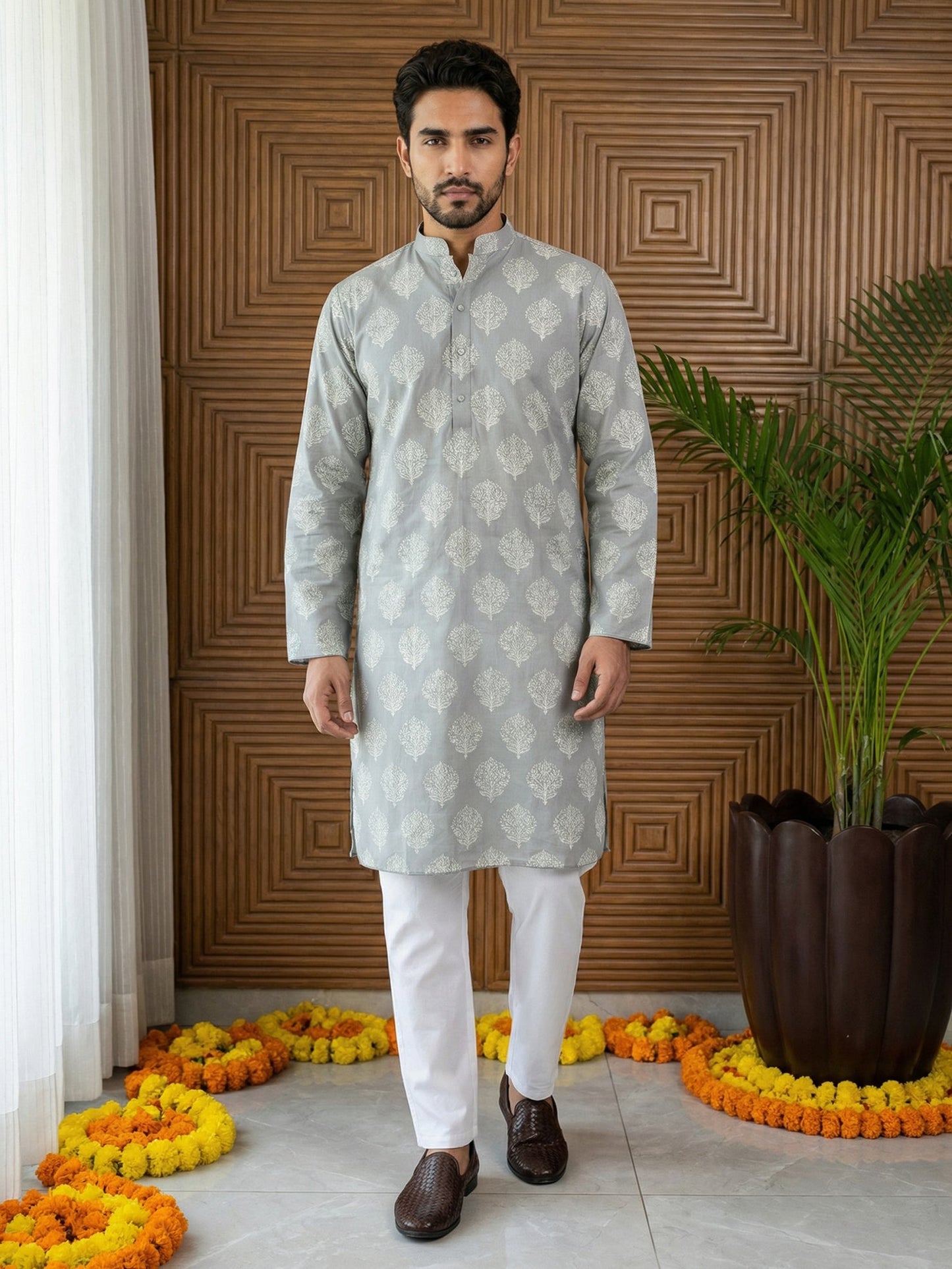 Men’s Cotton Blend Ethnic Printed Kurta Set ( 65KP P 5510Grey ) [FF] [N-13]