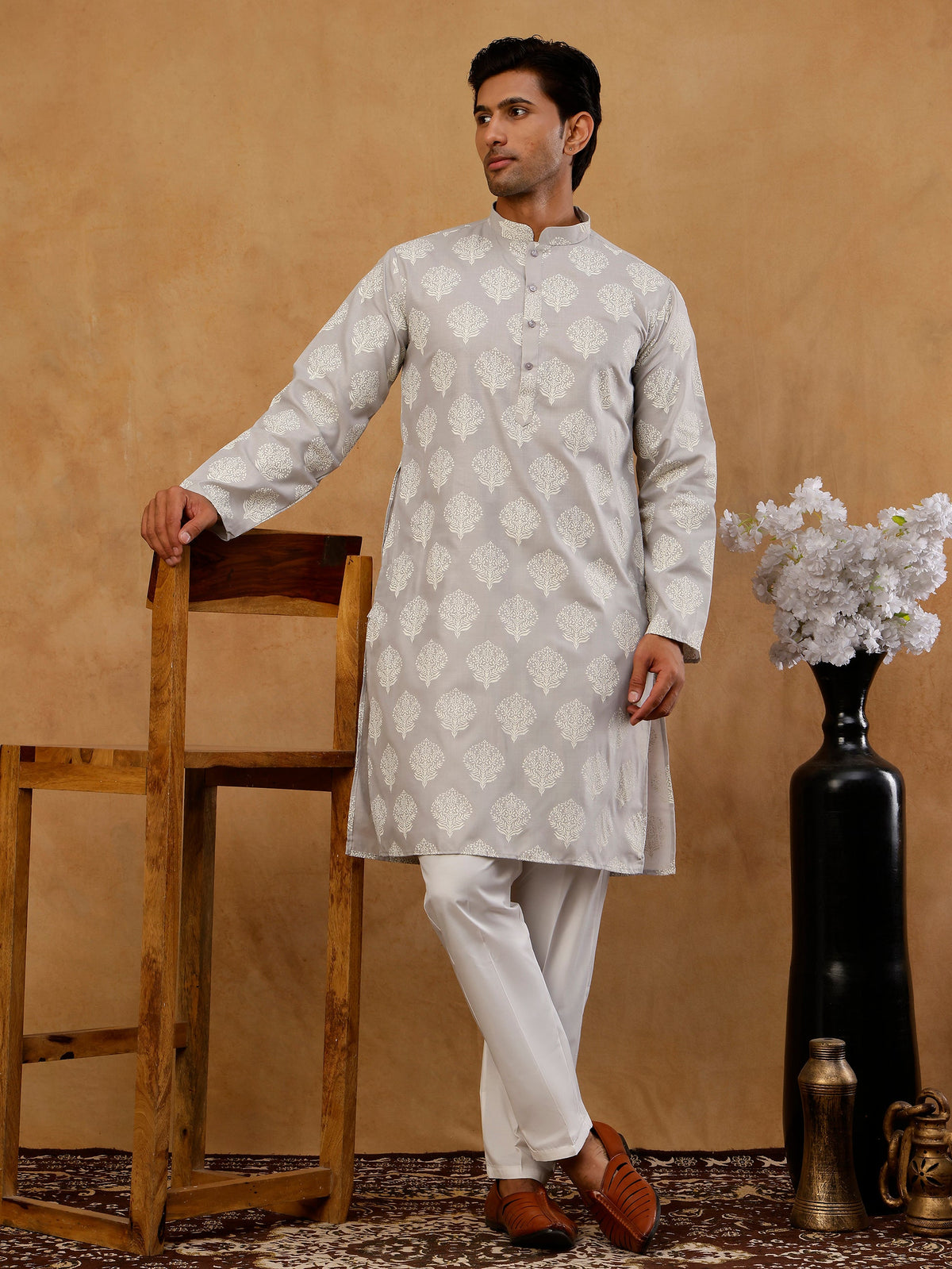 Men’s Cotton Blend Ethnic Printed Kurta Set ( 65KP W C 5510 Grey )