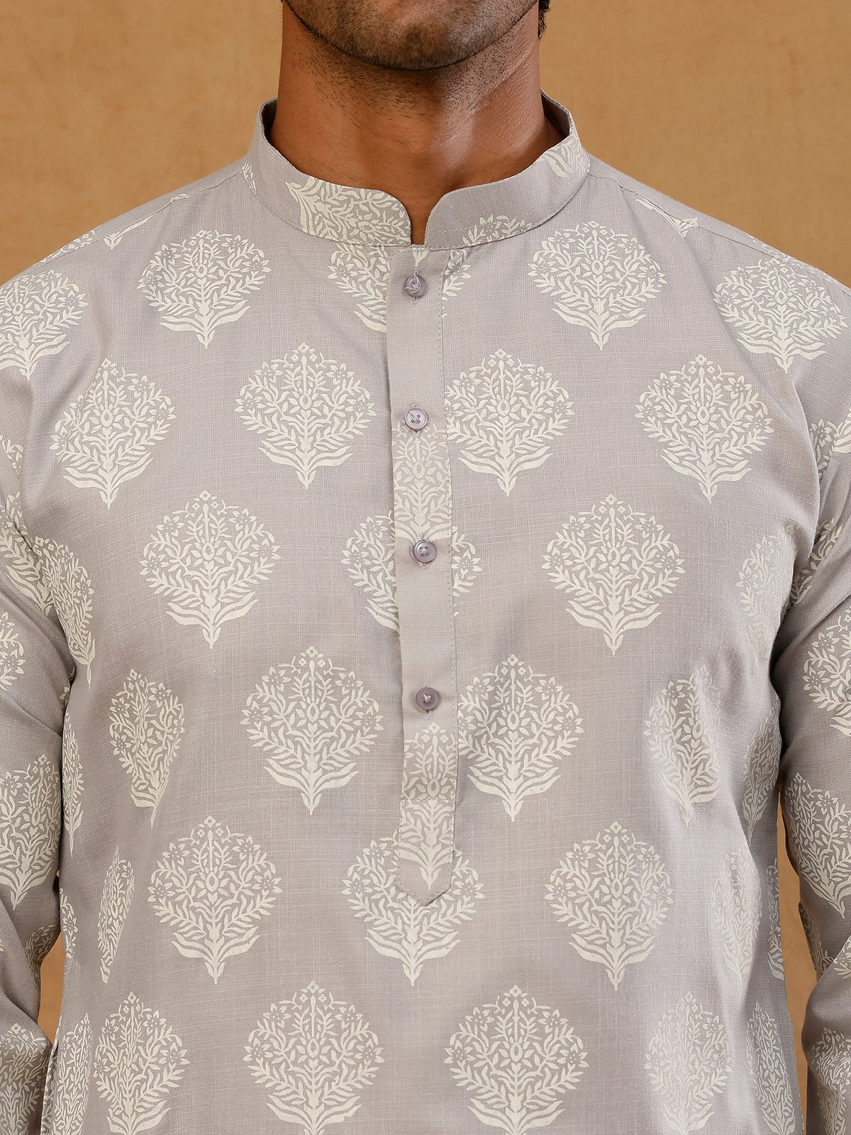 Men’s Cotton Blend Ethnic Printed Kurta Set ( 65KP W C 5510 Grey )