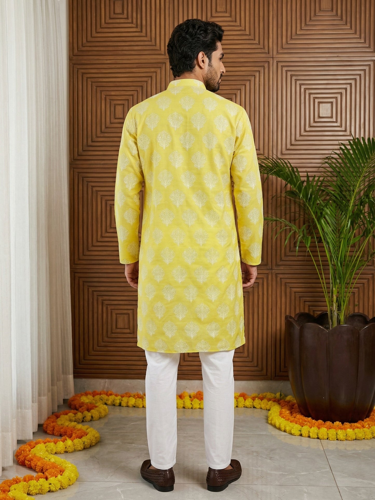 Men’s Cotton Blend Ethnic Printed Kurta Set ( 65KP P 5510Lemon ) [FF] [N-13]