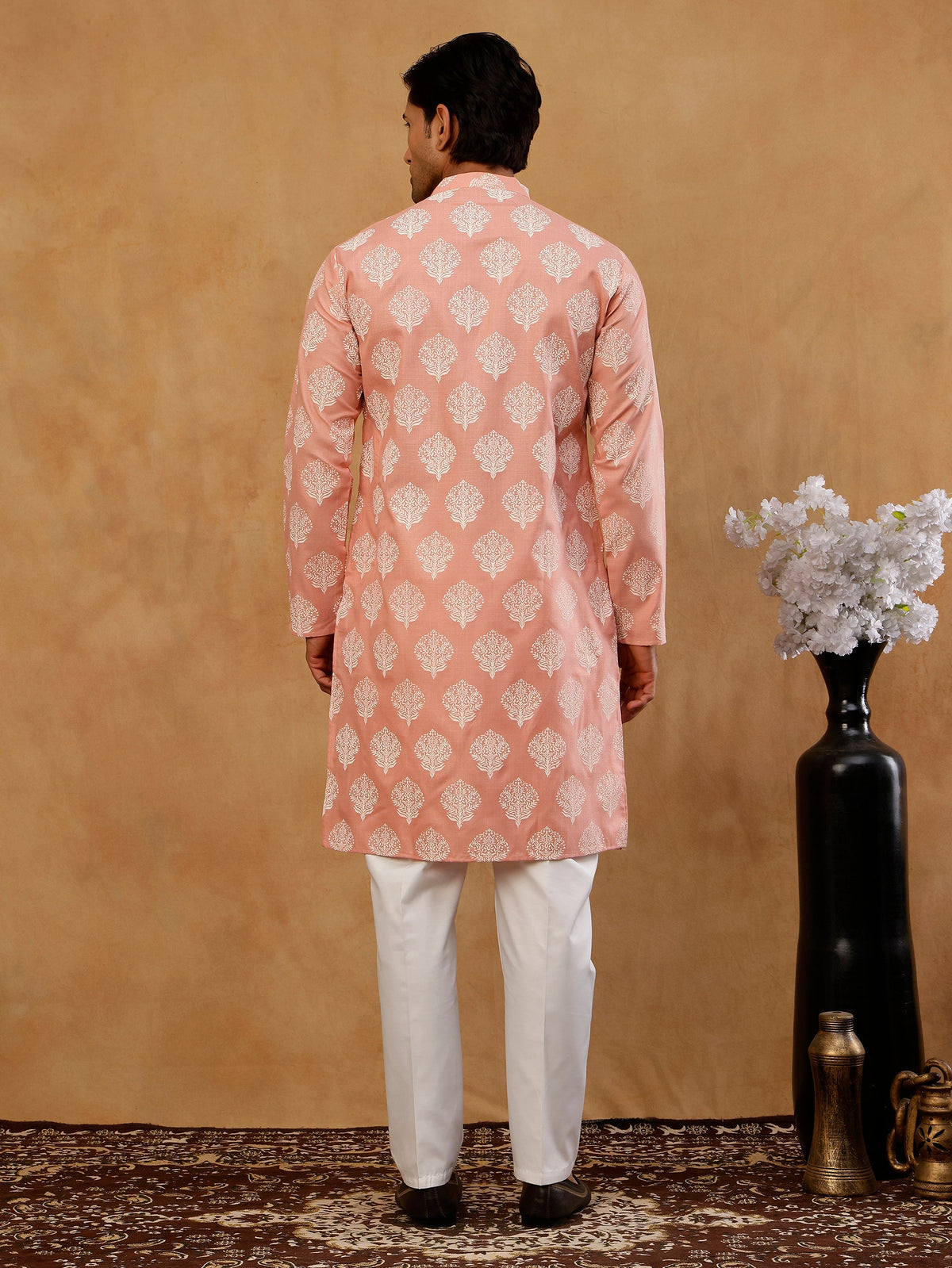 Men’s Cotton Blend Ethnic Printed Kurta Set ( 65KP W C 5510 Peach )