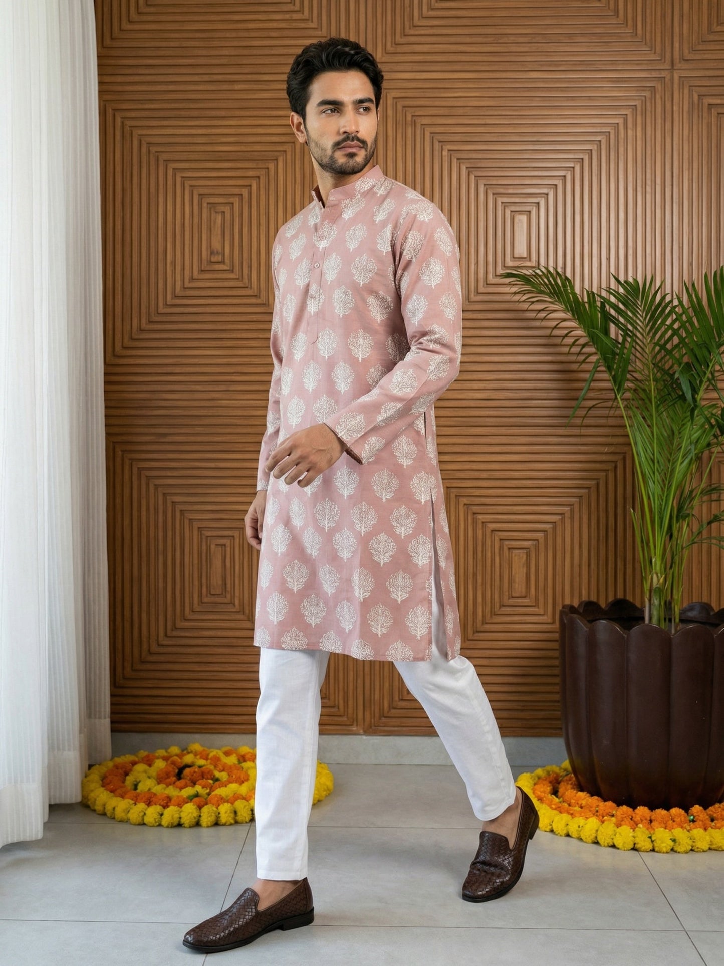 Men’s Cotton Blend Ethnic Printed Kurta Set ( 65KP P 5510Peach ) [FF] [N-13]