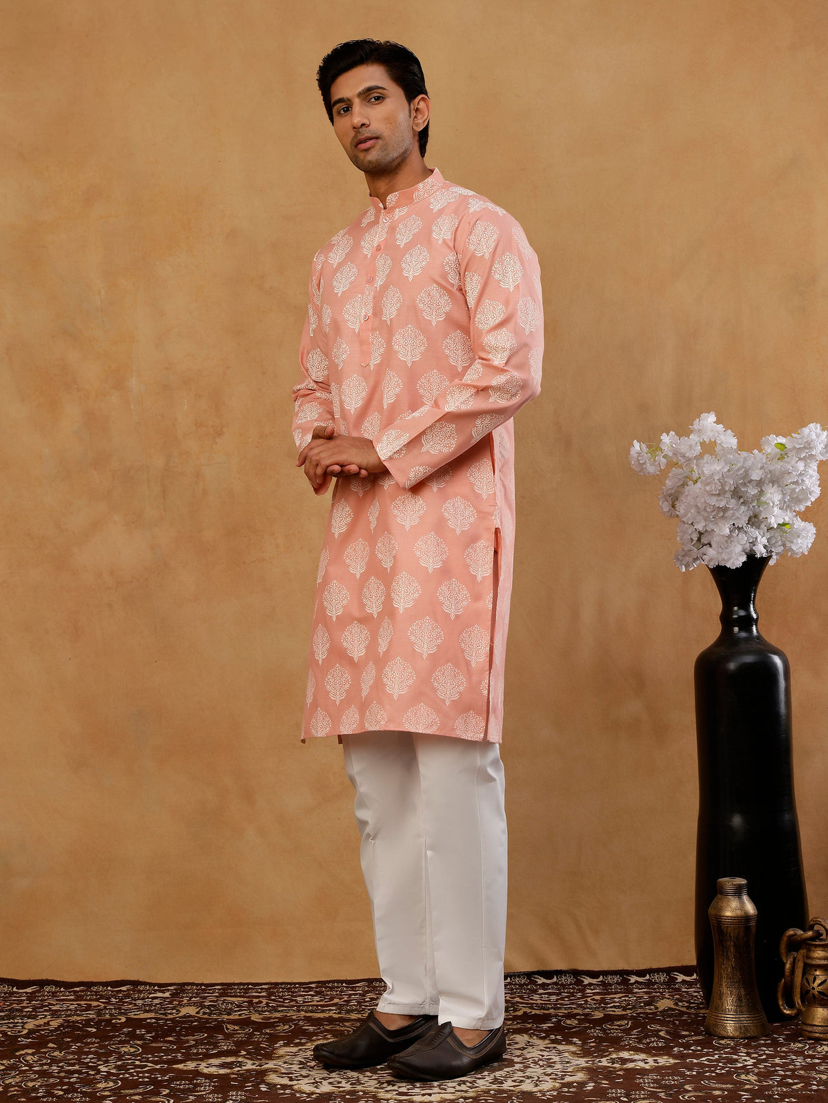 Men’s Cotton Blend Ethnic Printed Kurta Set ( 65KP W C 5510 Peach )