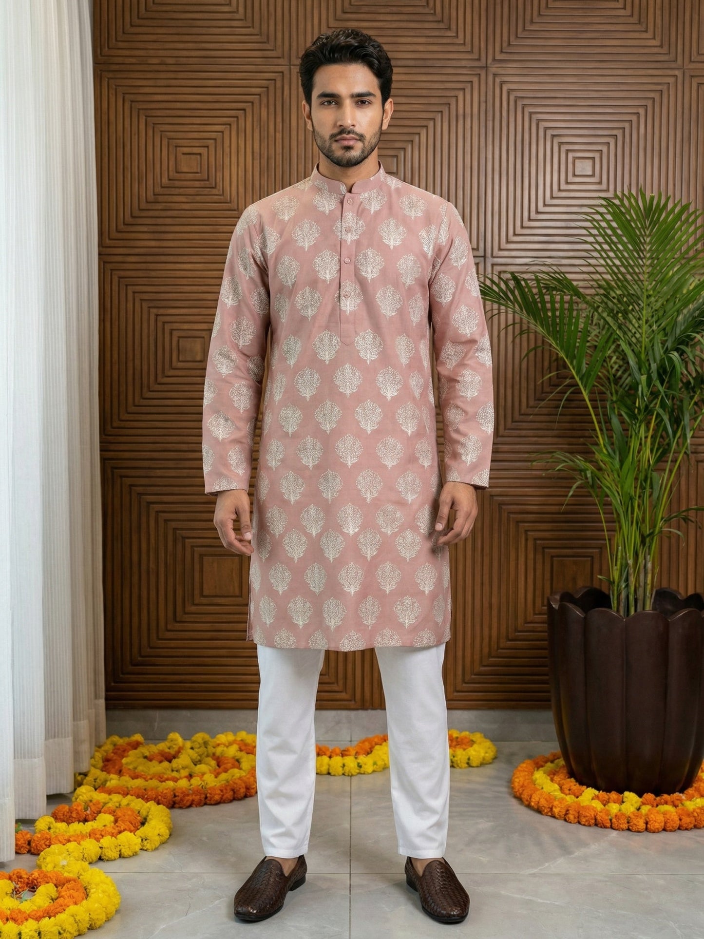 Men’s Cotton Blend Ethnic Printed Kurta Set ( 65KP P 5510Peach ) [FF] [N-13]
